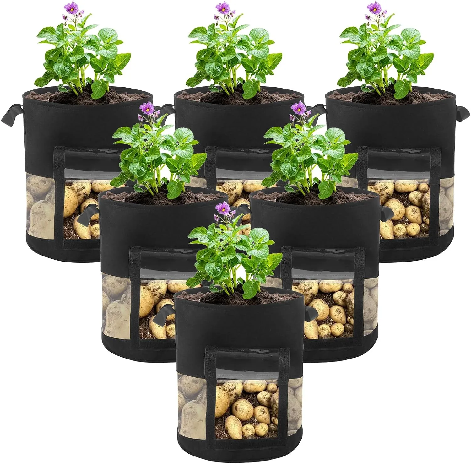 6 Pack 10 Gallon Visible Potato Grow Bags, Thickened Nonwoven Fabric Pots Potato Growing Containers with Handles & Visible Flap, Plant Grow Bags for Growing Potatoes, Tomatoes, Flowers, and Vegetables