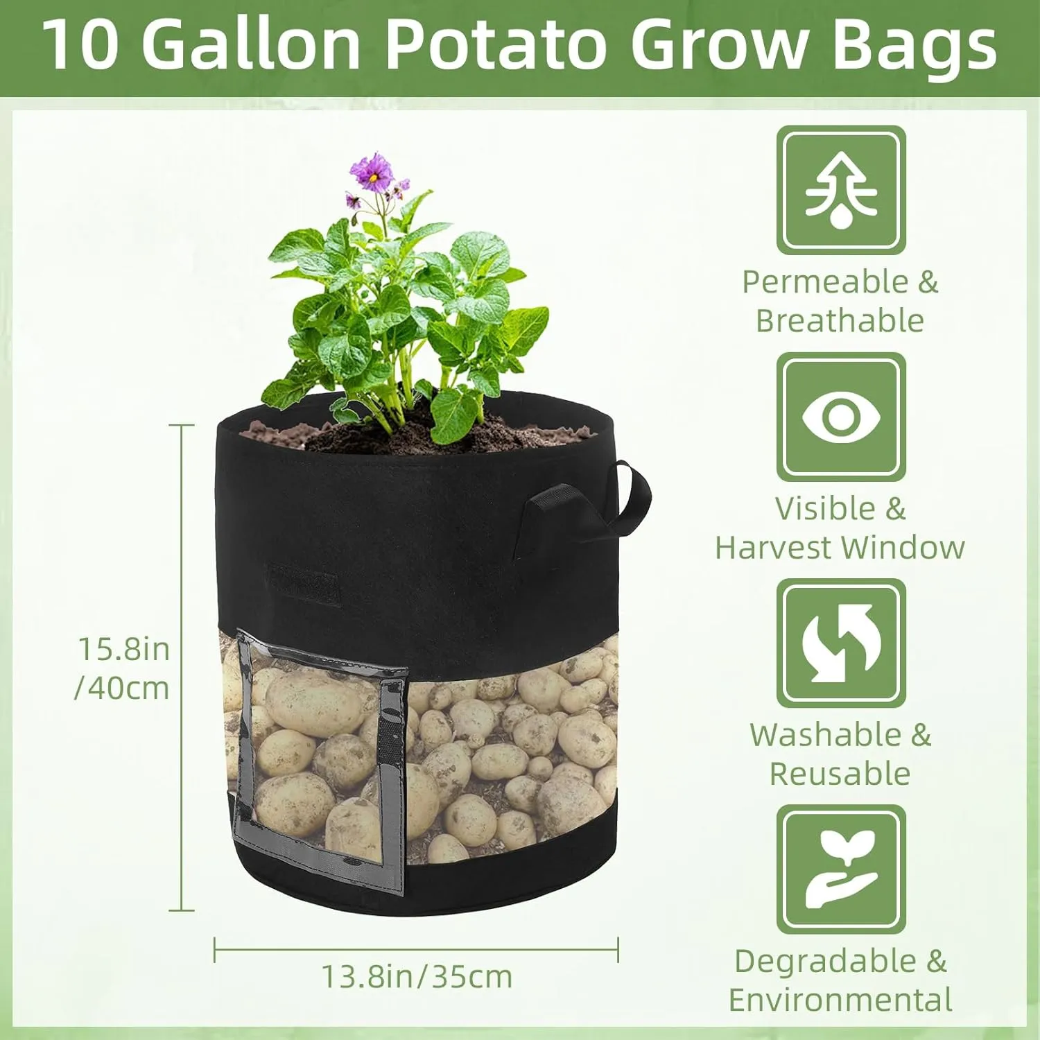 6 Pack 10 Gallon Visible Potato Grow Bags, Thickened Nonwoven Fabric Pots Potato Growing Containers with Handles & Visible Flap, Plant Grow Bags for Growing Potatoes, Tomatoes, Flowers, and Vegetables