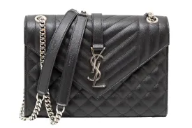 Authentic Saint Laurent Black Matelasse Grain De Poudre Embossed Leather Medium Envelope Bag