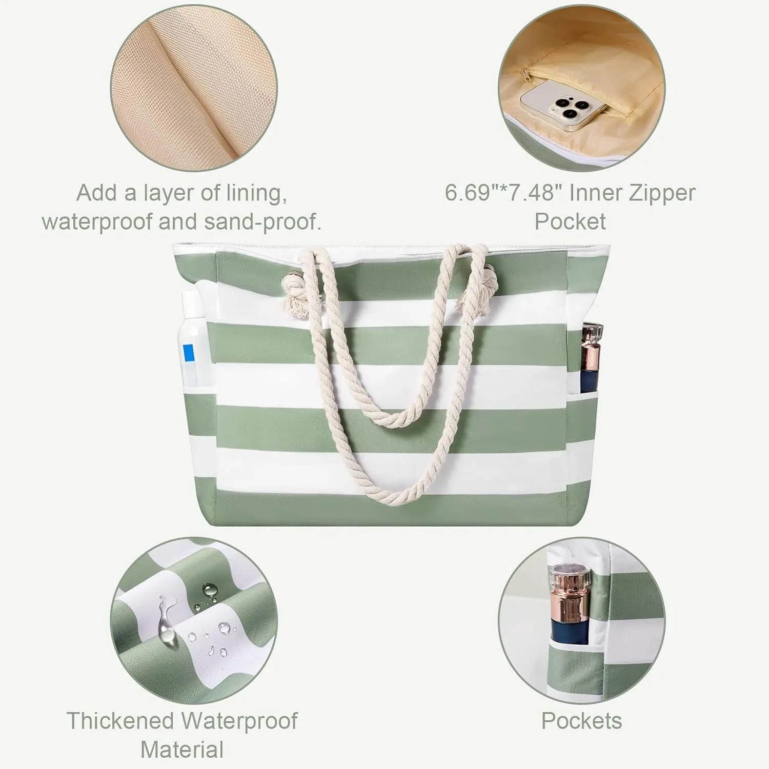 Beach Bags for Women - Large Beach Tote Bag Waterproof Sandproof with Zipper, Swiming Pool Bag Large Tote