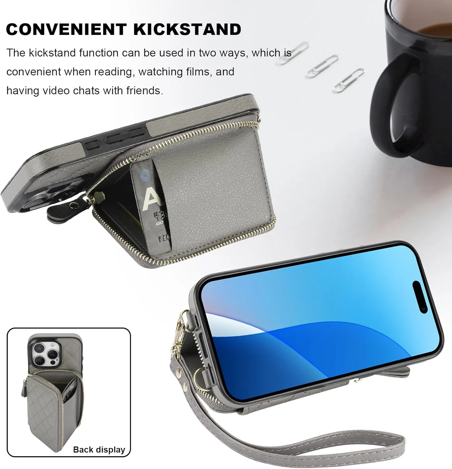 Bocasal Crossbody Wallet Case for iPhone 16 Pro, RFID Blocking PU Leather Zipper Handbag Purse Flip Cover, Kickstand Folio Case with Card Slots Holder Wrist Strap Lanyard 5G 6.3 Inch (Grey)