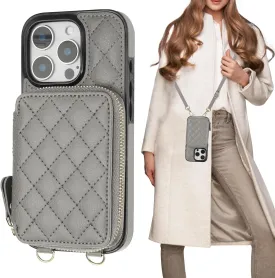 Bocasal Crossbody Wallet Case for iPhone 16 Pro, RFID Blocking PU Leather Zipper Handbag Purse Flip Cover, Kickstand Folio Case with Card Slots Holder Wrist Strap Lanyard 5G 6.3 Inch (Grey)