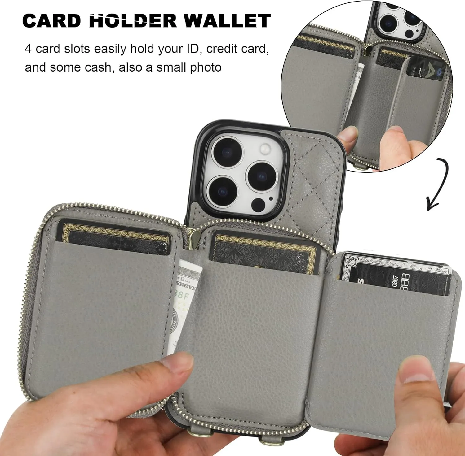 Bocasal Crossbody Wallet Case for iPhone 16 Pro, RFID Blocking PU Leather Zipper Handbag Purse Flip Cover, Kickstand Folio Case with Card Slots Holder Wrist Strap Lanyard 5G 6.3 Inch (Grey)