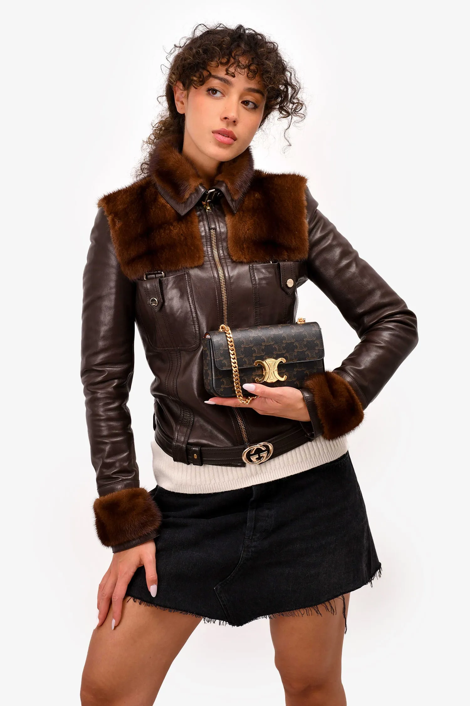 Celine Brown Canvas Claude Triomphe Chain Shoulder Bag