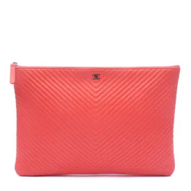 Chanel Coral Quilted Chevron Lambskin Leather Zip Pouch Clutch Bag