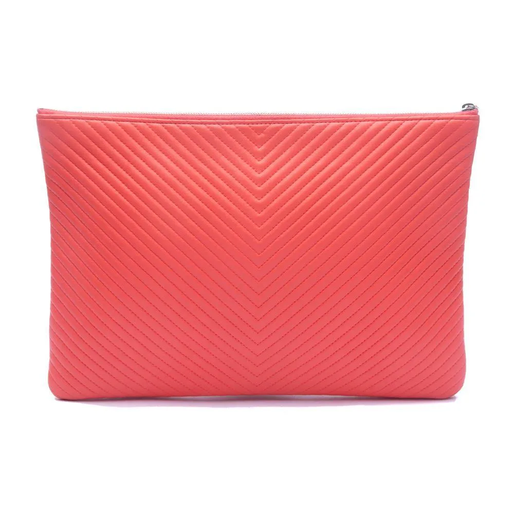 Chanel Coral Quilted Chevron Lambskin Leather Zip Pouch Clutch Bag