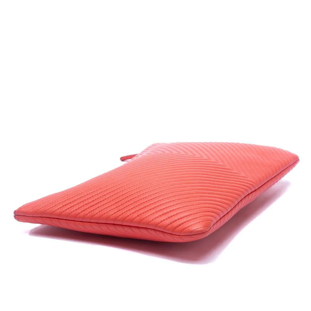 Chanel Coral Quilted Chevron Lambskin Leather Zip Pouch Clutch Bag