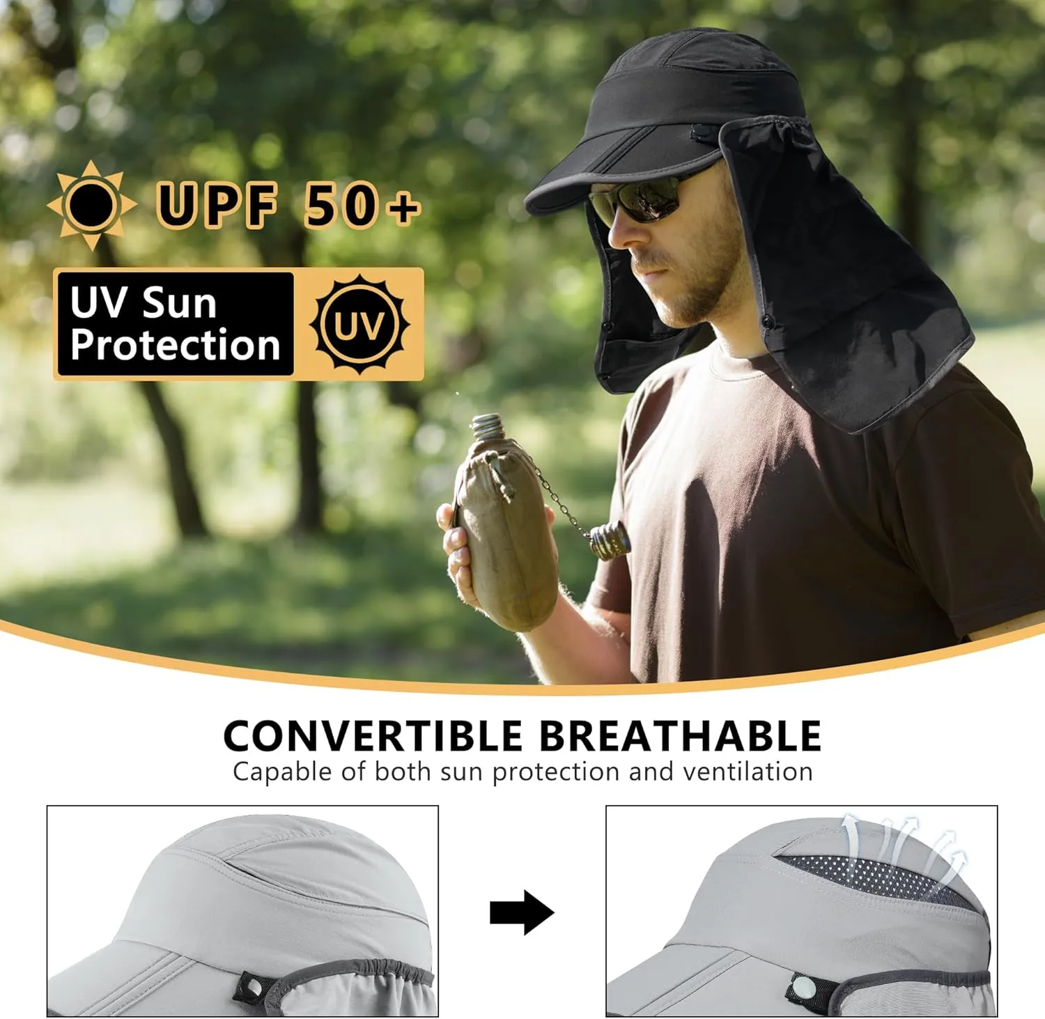GADIEMKENSD UPF 50  Fishing Sun Cap with Removable Neck Flap Breathable Foldable Brim