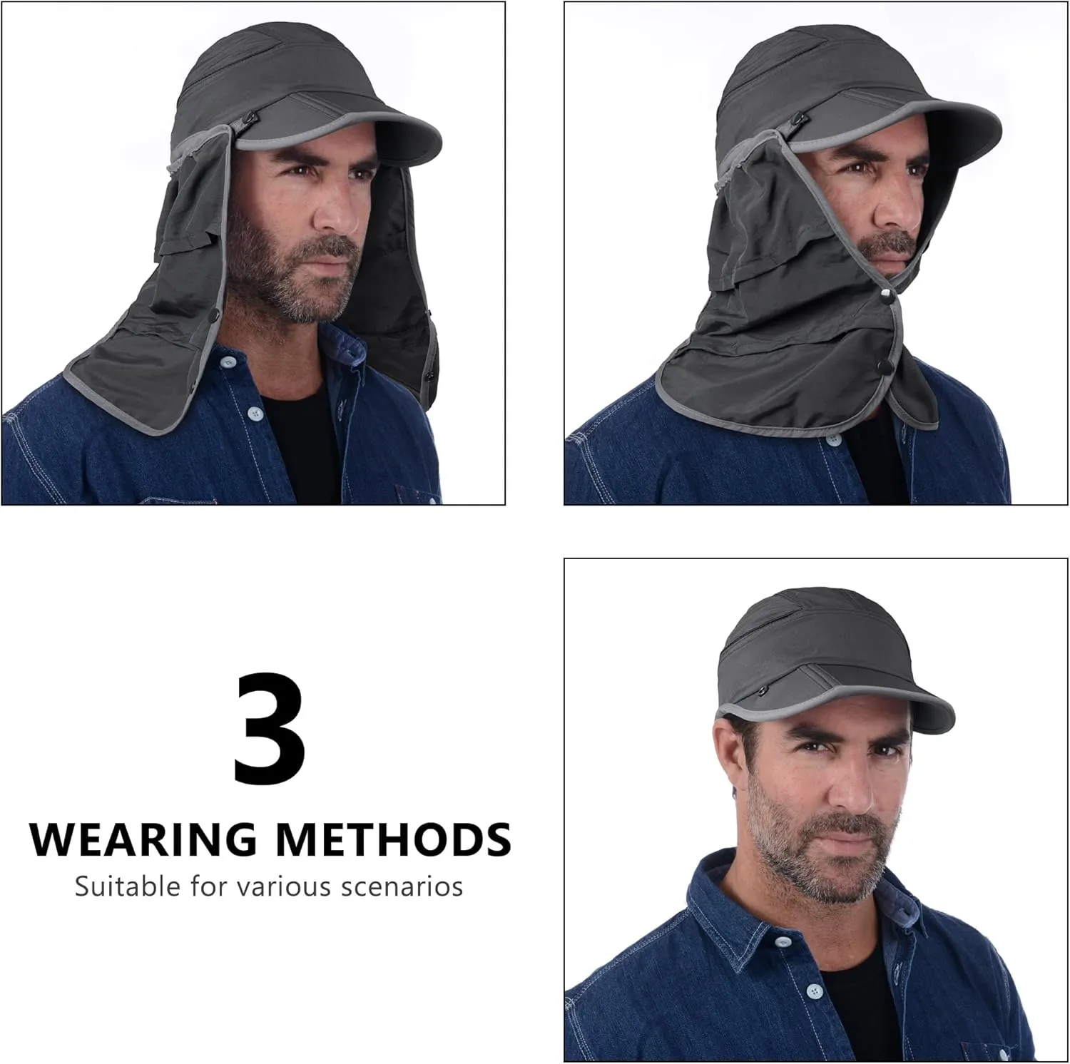 GADIEMKENSD UPF 50  Fishing Sun Cap with Removable Neck Flap Breathable Foldable Brim