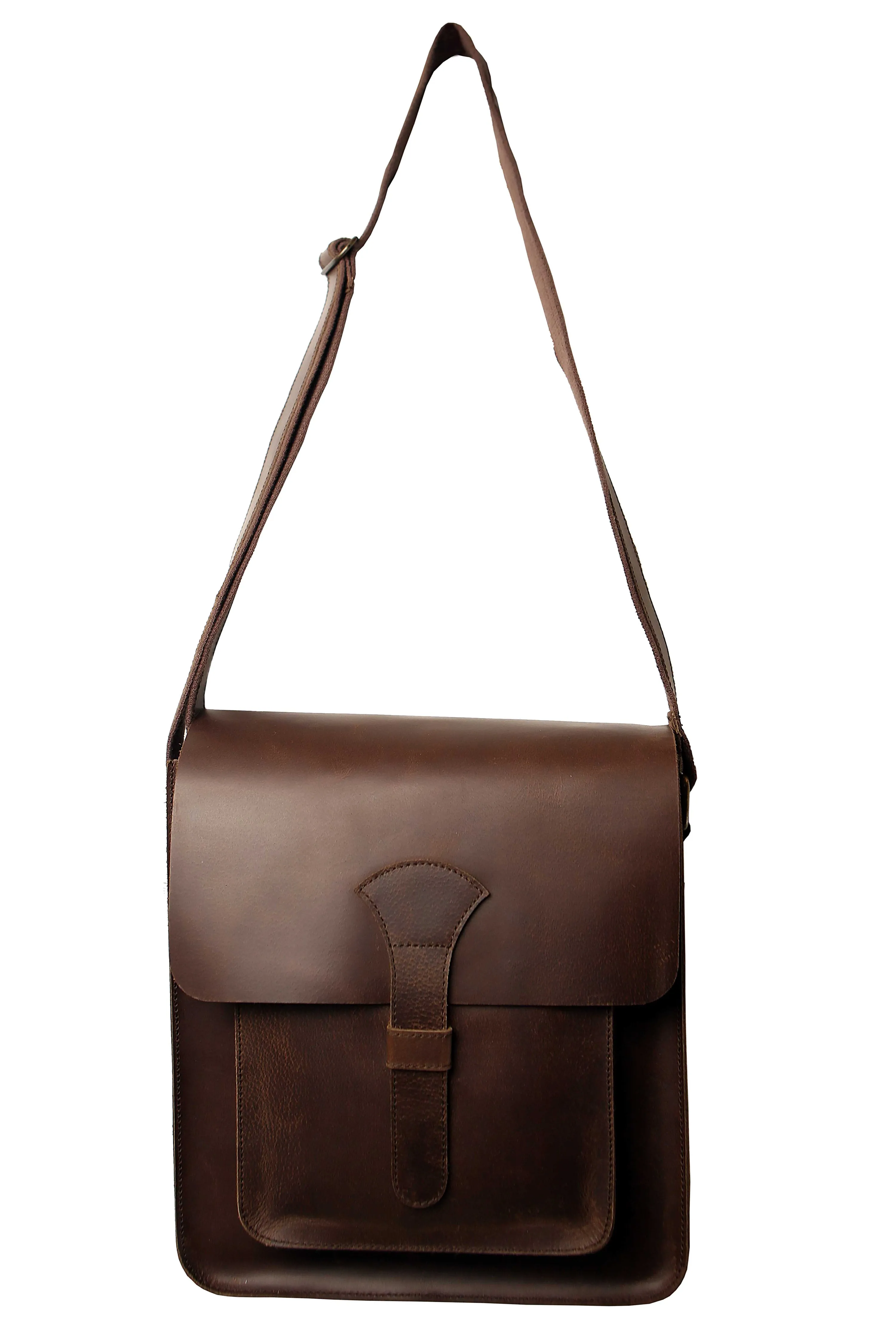 Mens Leather Messenger Shoulder Bag Crazy Horse Leather Crossbody Bag Brown