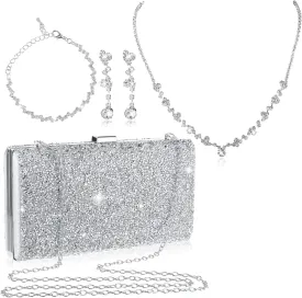 Mixweer 4 Pieces Clutch Purses Bag for Women Evening Rhinestone Jewelry Set Bling Necklace Earrings Bracelets Set for Wedding