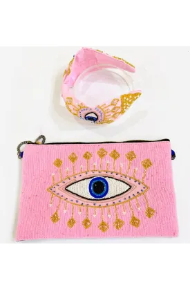 Pink Eye Embroidered Sling Bag With Hairband