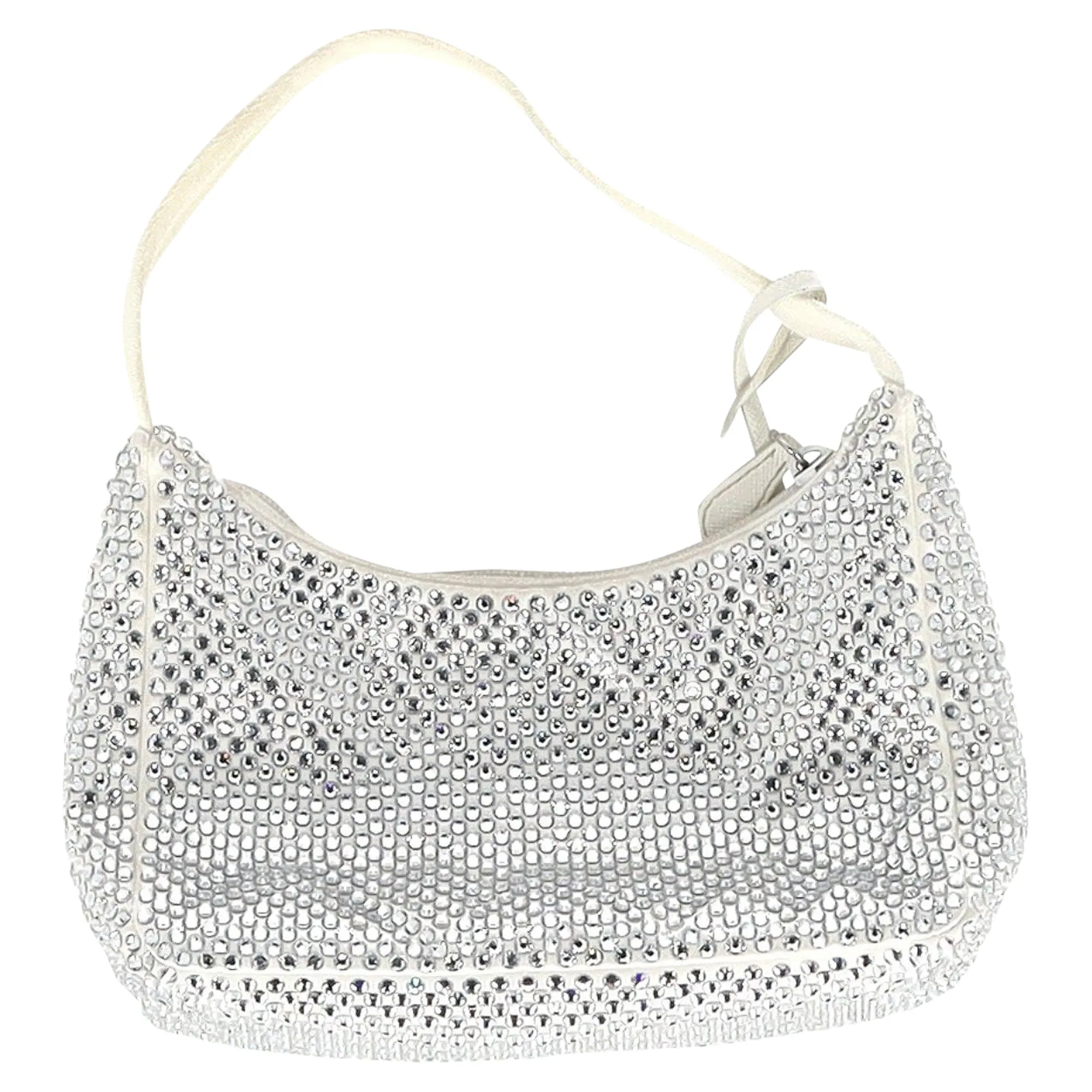 Prada Crystal-Embellished Re-Edition 2000 Bag in Cream Satin