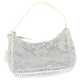 Prada Crystal-Embellished Re-Edition 2000 Bag in Cream Satin