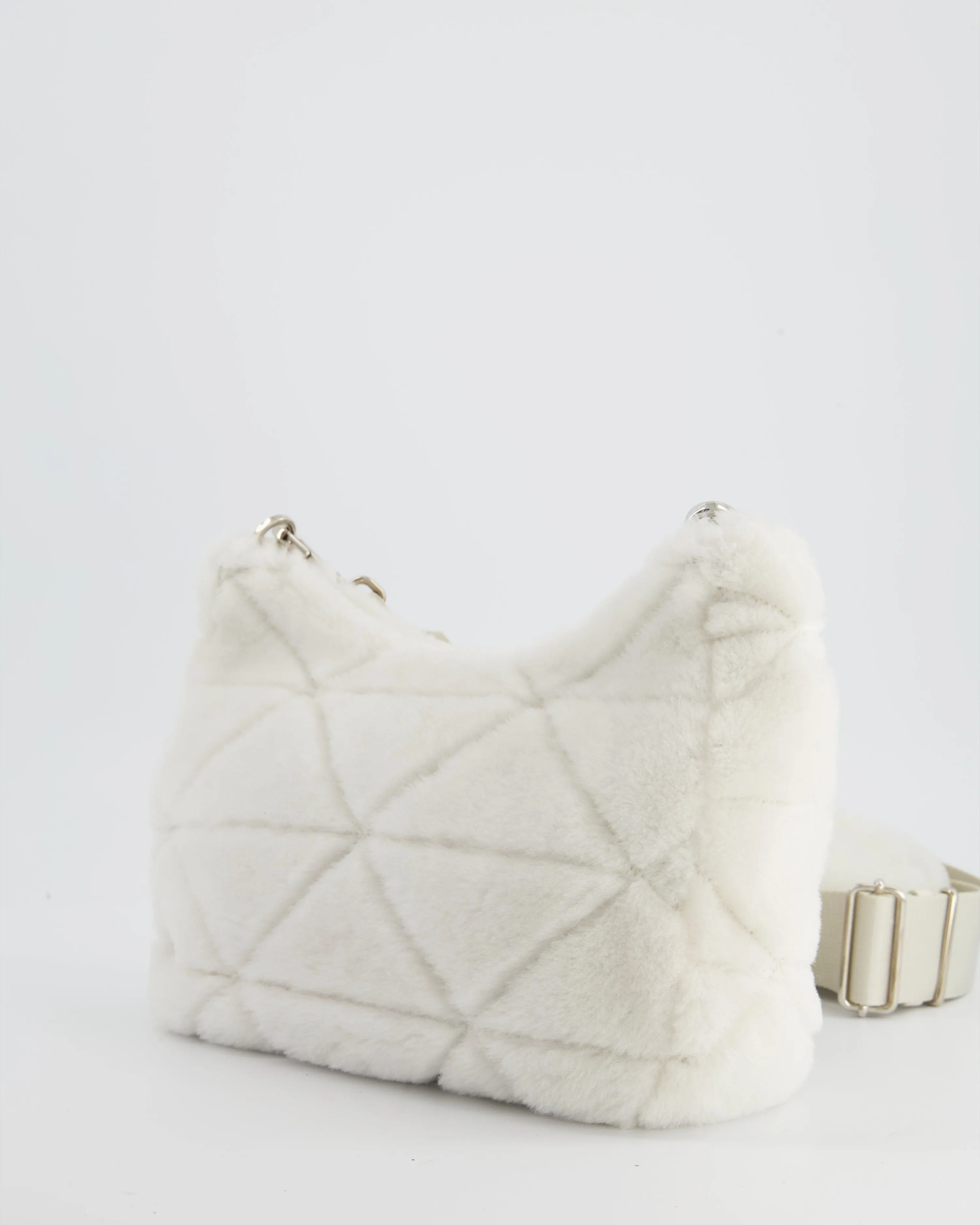 Prada Off-White Re-Edition 2000 Quilted Shearling Shoulder Bag with Silver Hardware