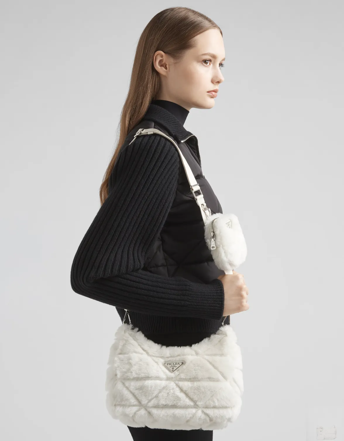 Prada Off-White Re-Edition 2000 Quilted Shearling Shoulder Bag with Silver Hardware