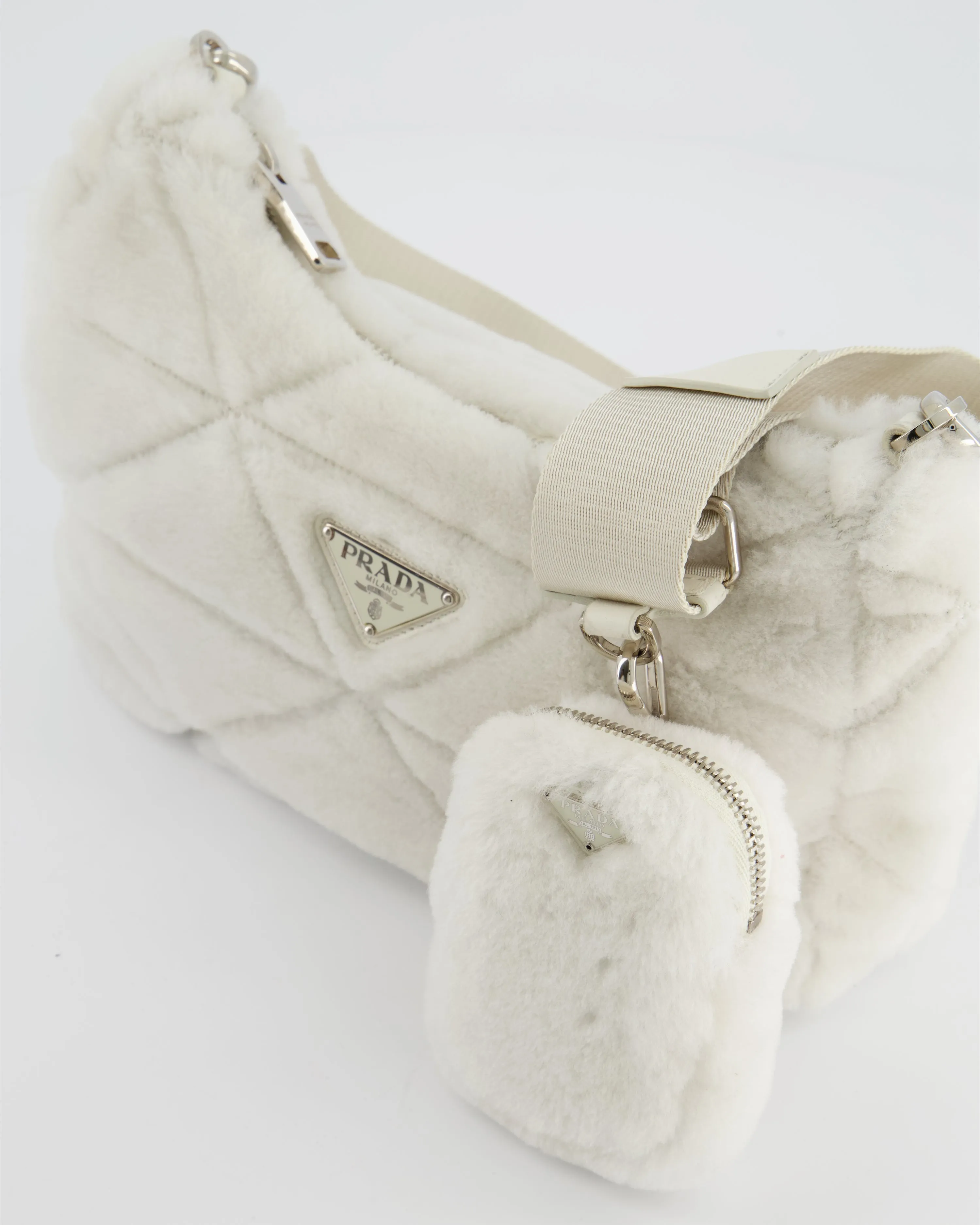 Prada Off-White Re-Edition 2000 Quilted Shearling Shoulder Bag with Silver Hardware