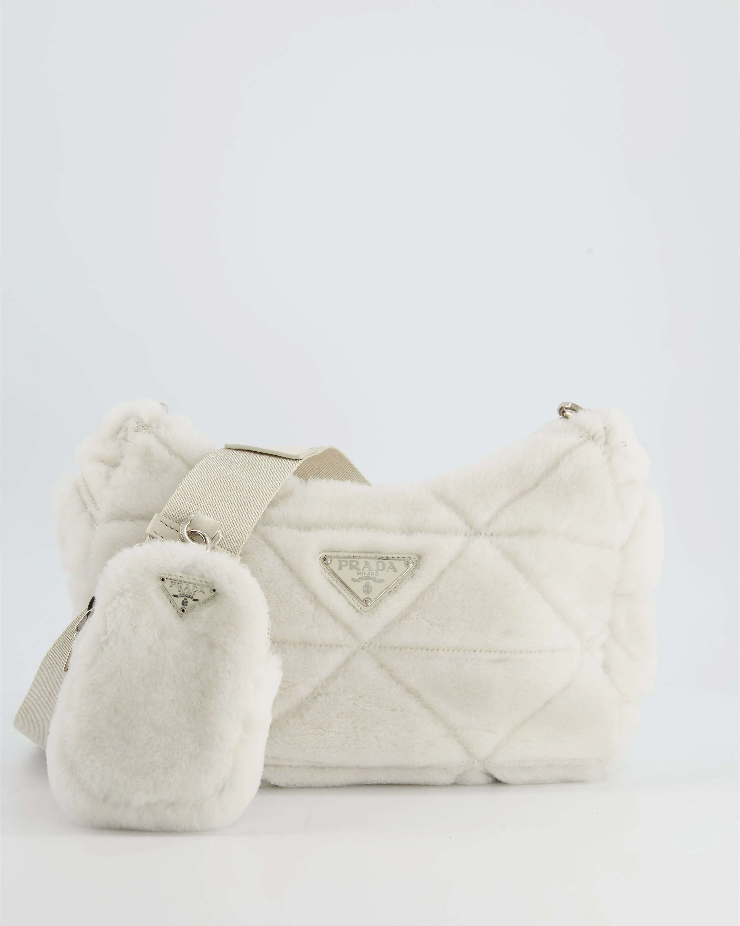 Prada Off-White Re-Edition 2000 Quilted Shearling Shoulder Bag with Silver Hardware