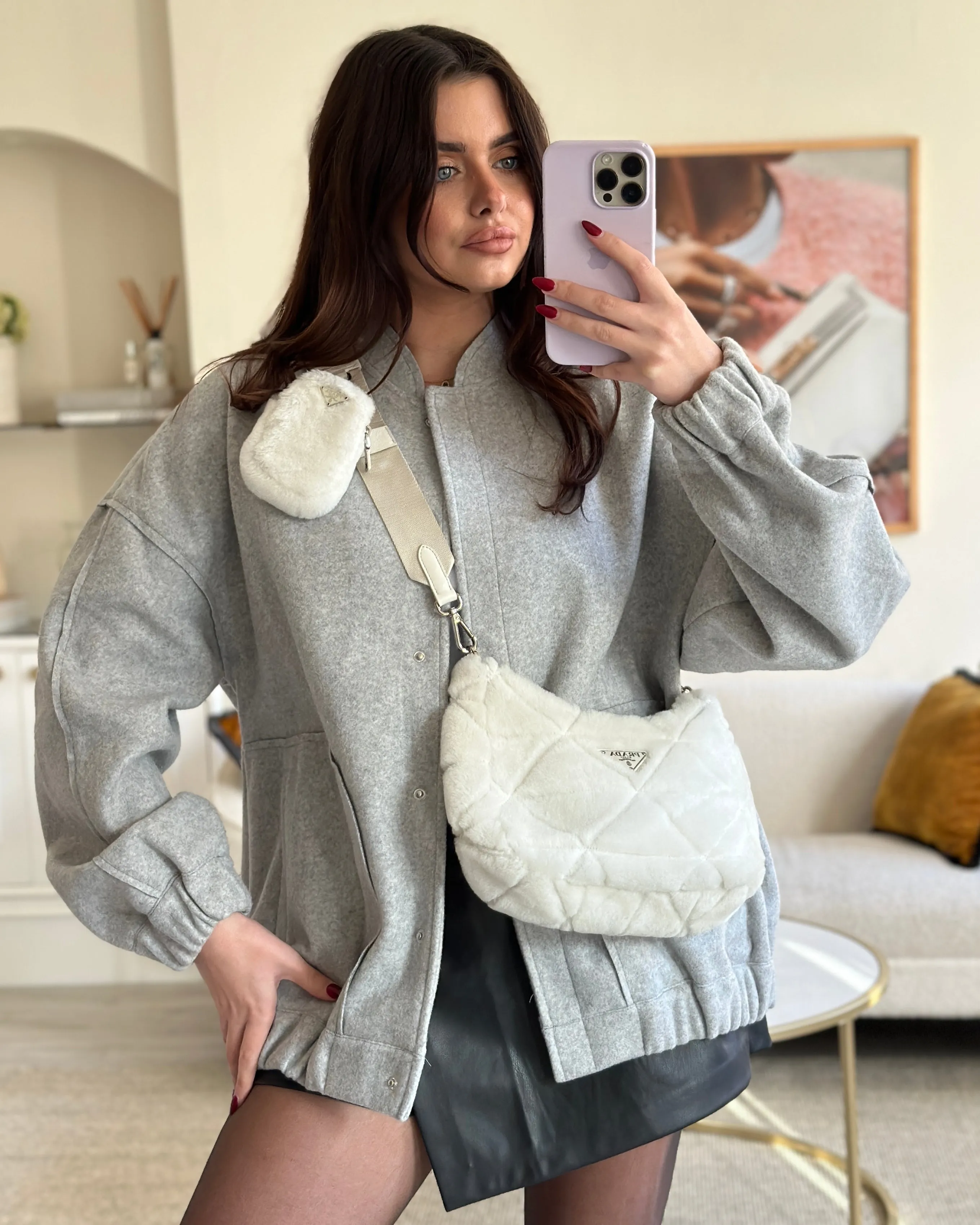 Prada Off-White Re-Edition 2000 Quilted Shearling Shoulder Bag with Silver Hardware