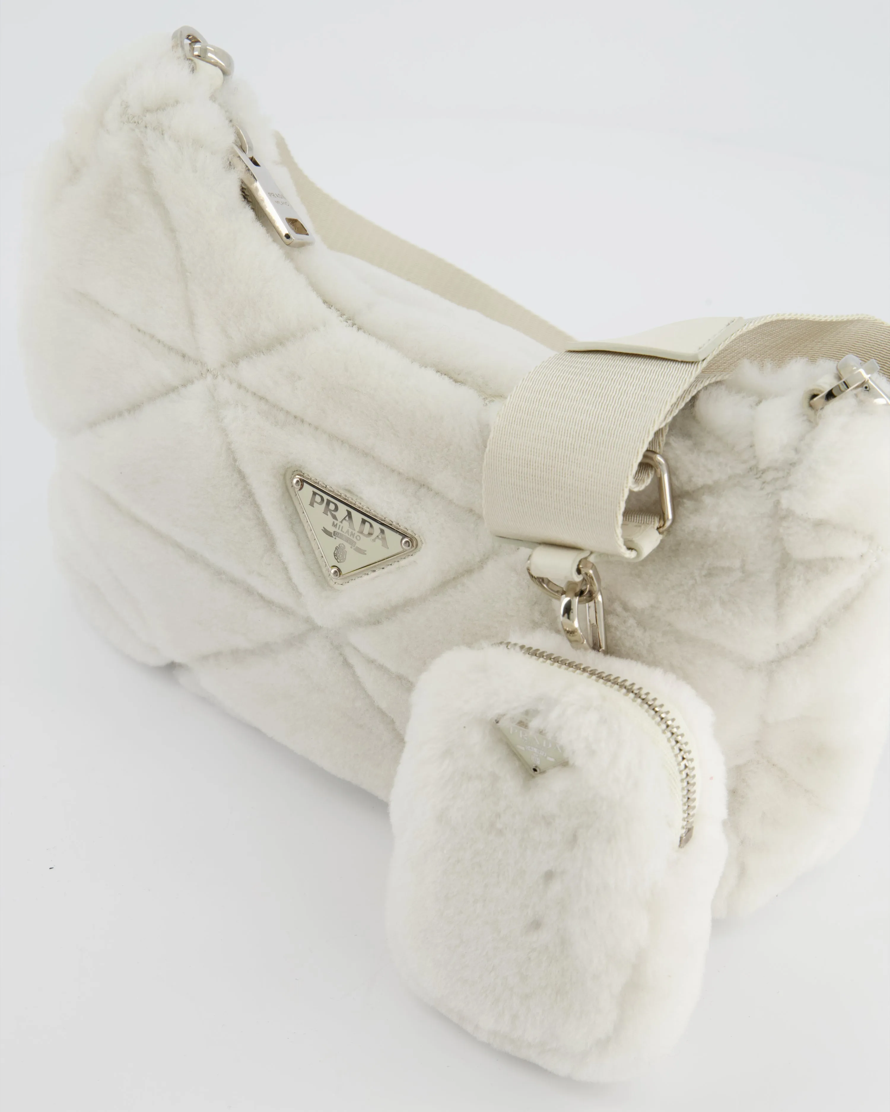 Prada Off-White Re-Edition 2000 Quilted Shearling Shoulder Bag with Silver Hardware