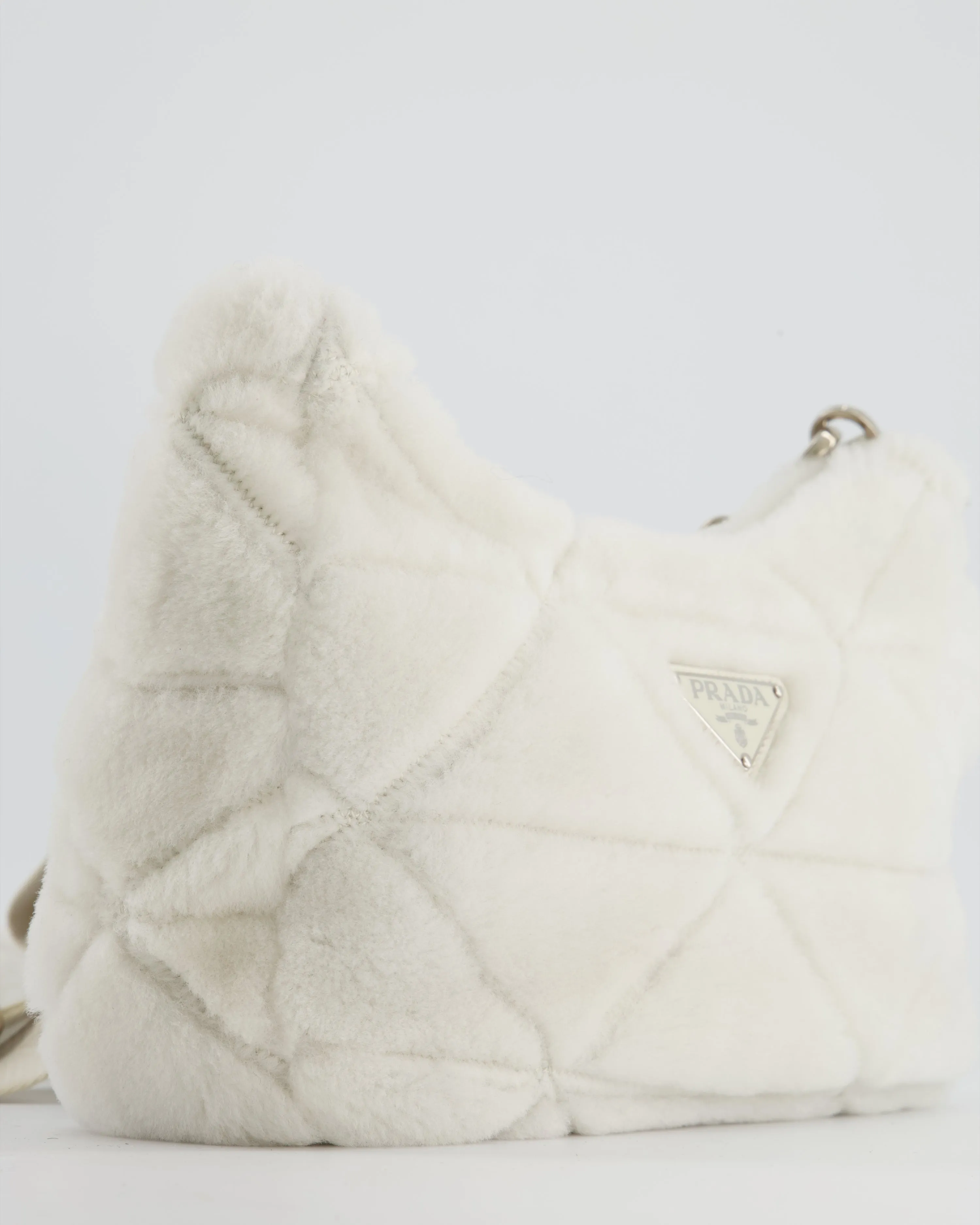 Prada Off-White Re-Edition 2000 Quilted Shearling Shoulder Bag with Silver Hardware