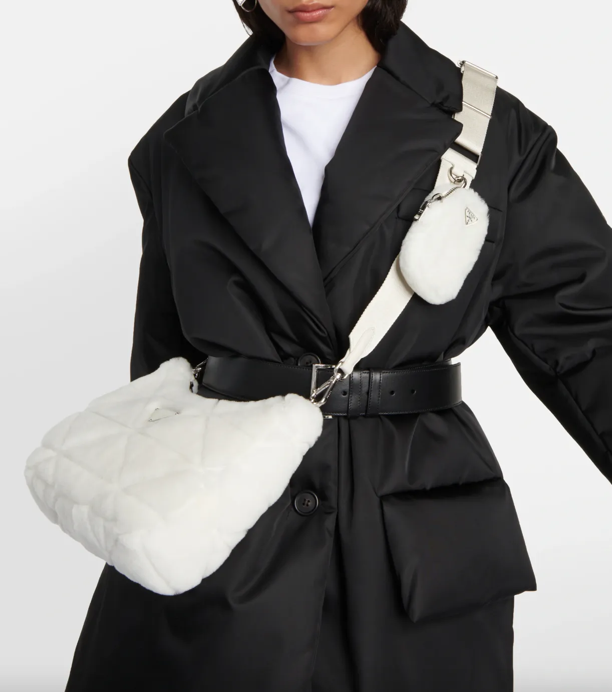 Prada Off-White Re-Edition 2000 Quilted Shearling Shoulder Bag with Silver Hardware