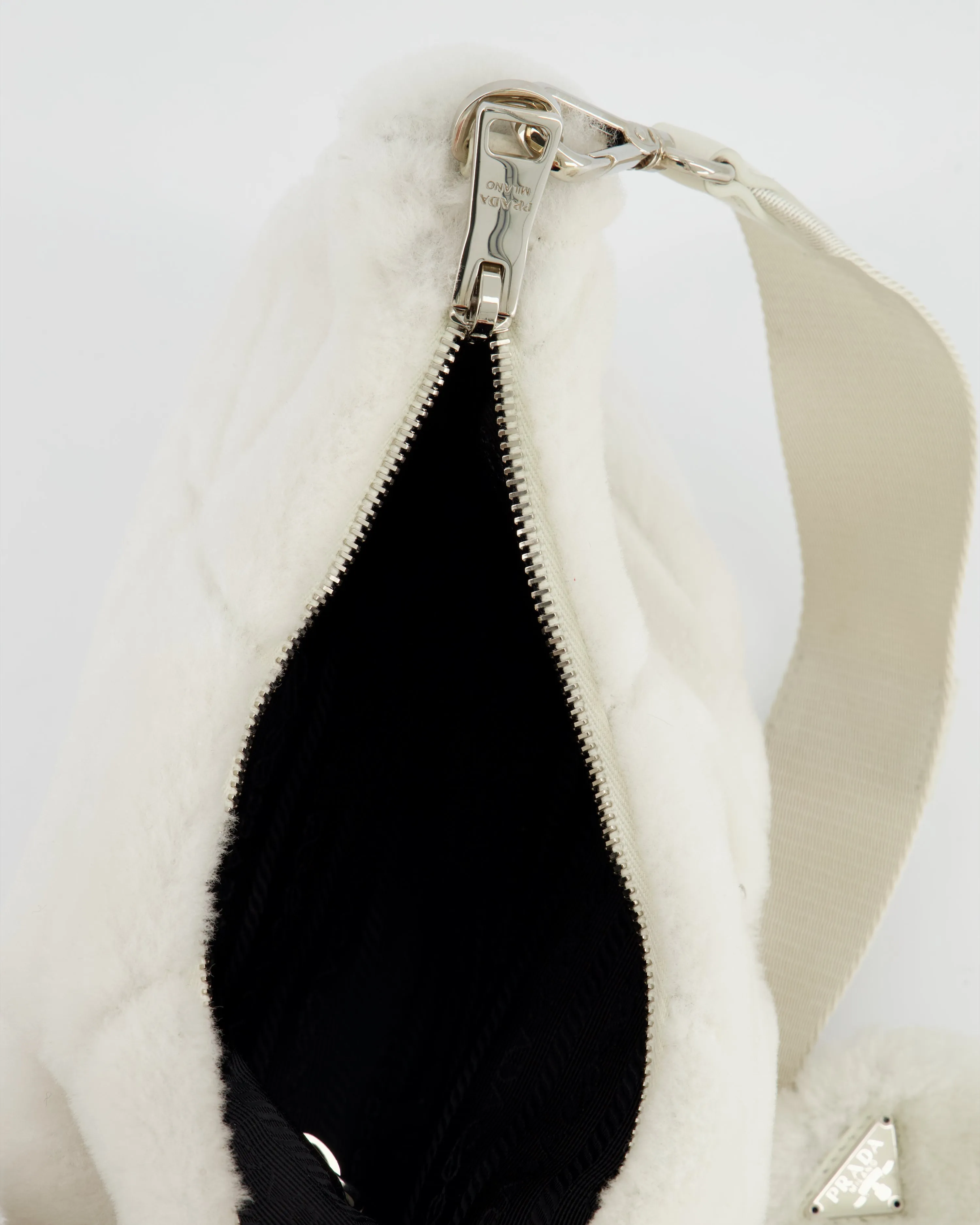 Prada Off-White Re-Edition 2000 Quilted Shearling Shoulder Bag with Silver Hardware