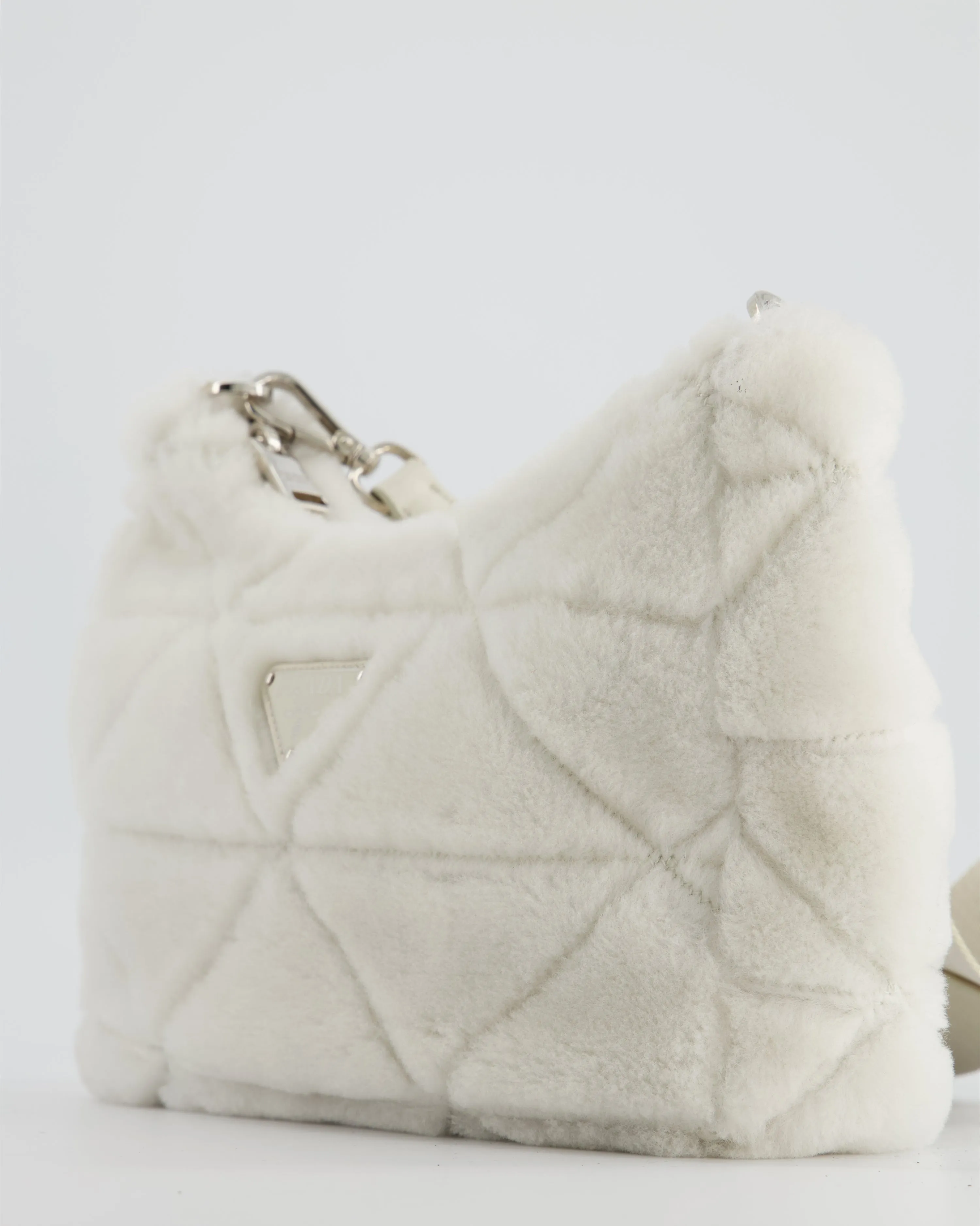 Prada Off-White Re-Edition 2000 Quilted Shearling Shoulder Bag with Silver Hardware