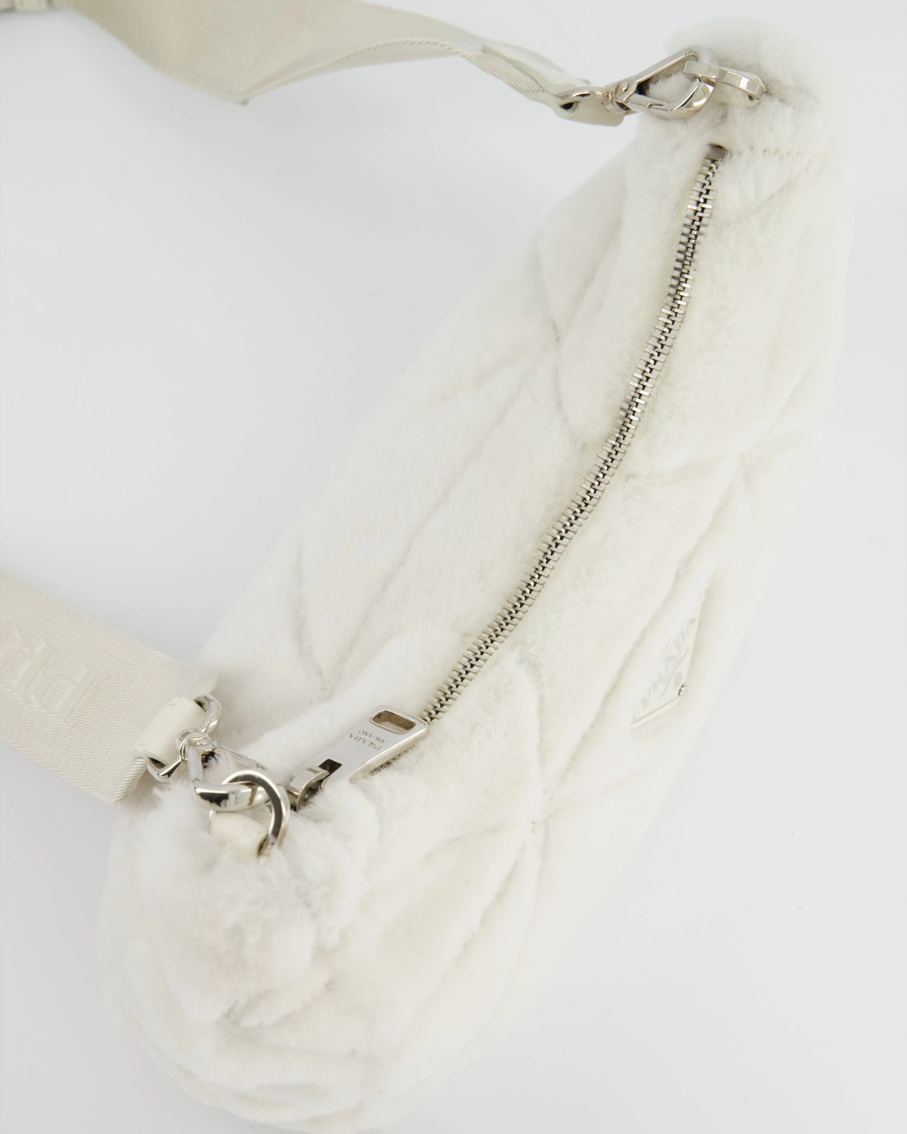 Prada Off-White Re-Edition 2000 Quilted Shearling Shoulder Bag with Silver Hardware