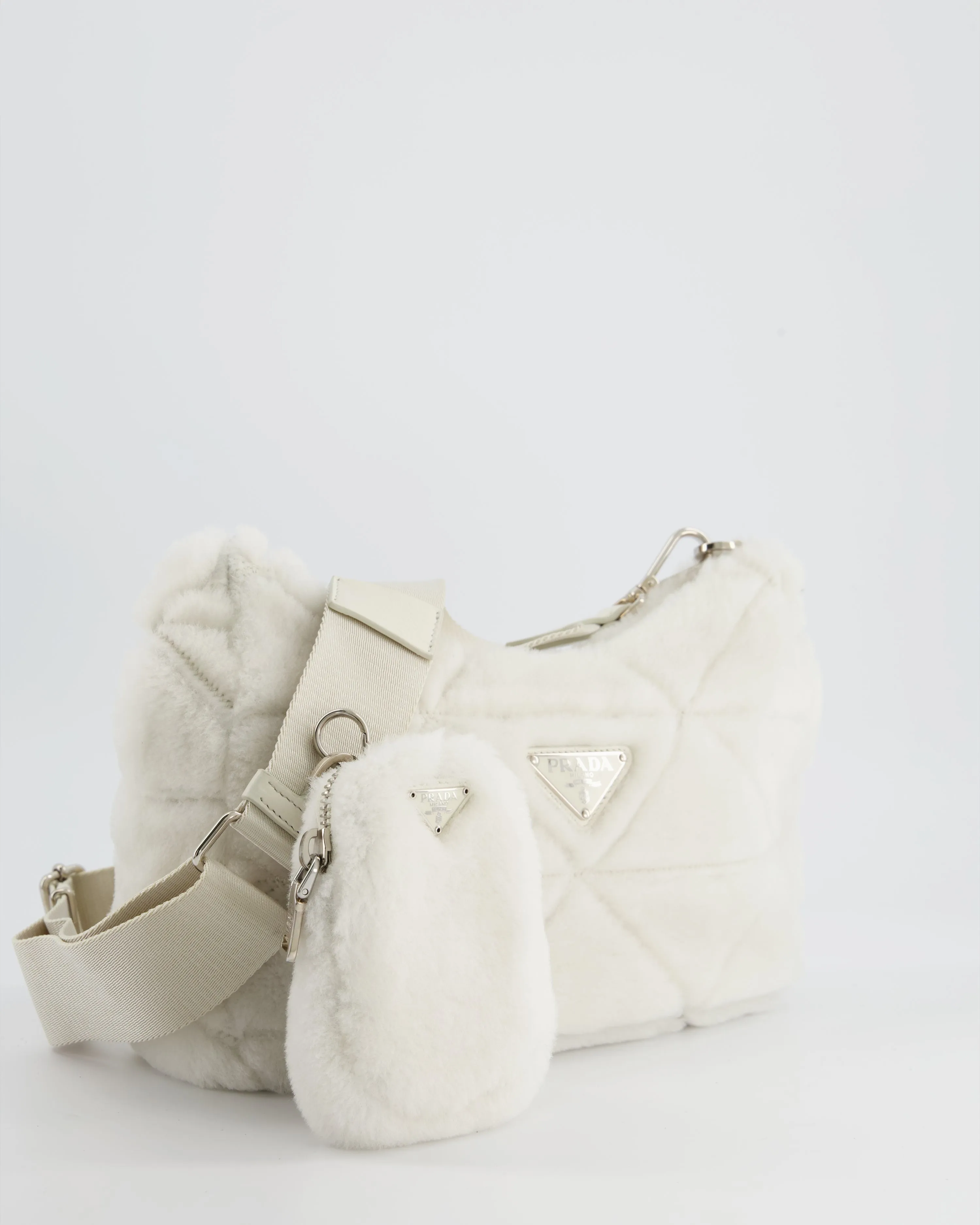 Prada Off-White Re-Edition 2000 Quilted Shearling Shoulder Bag with Silver Hardware