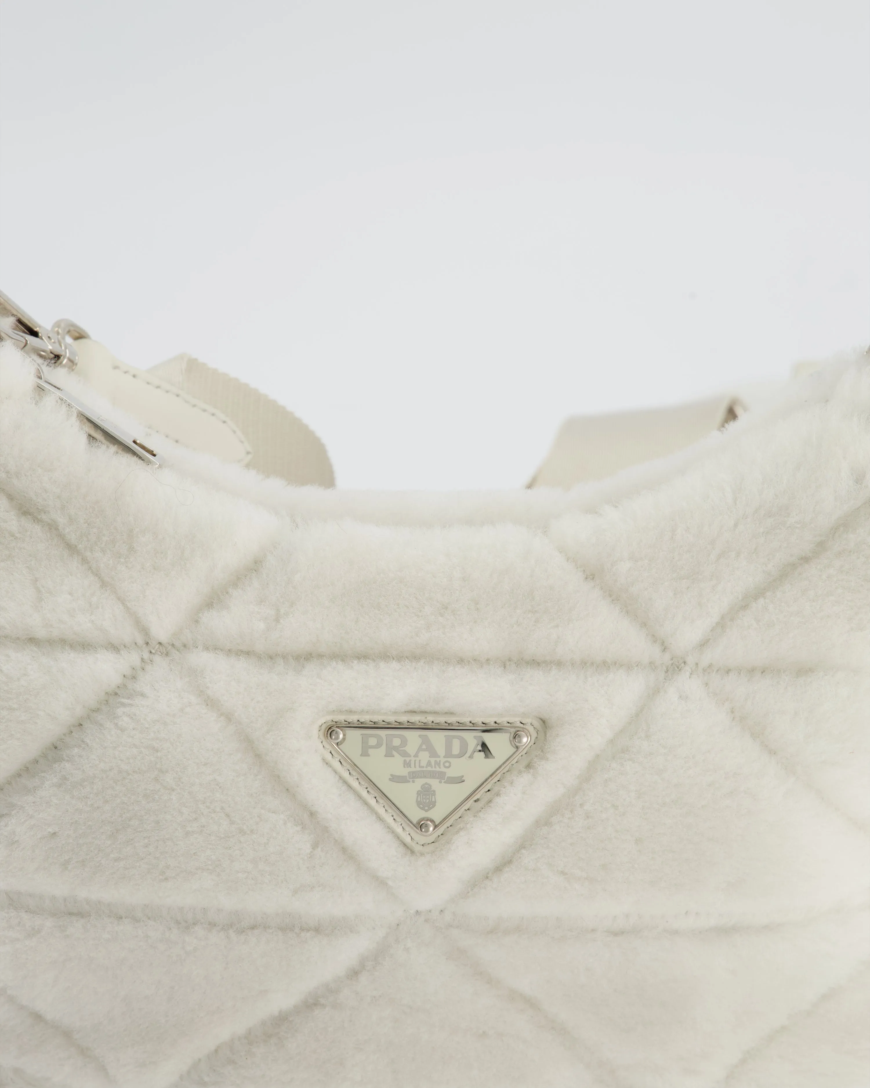 Prada Off-White Re-Edition 2000 Quilted Shearling Shoulder Bag with Silver Hardware