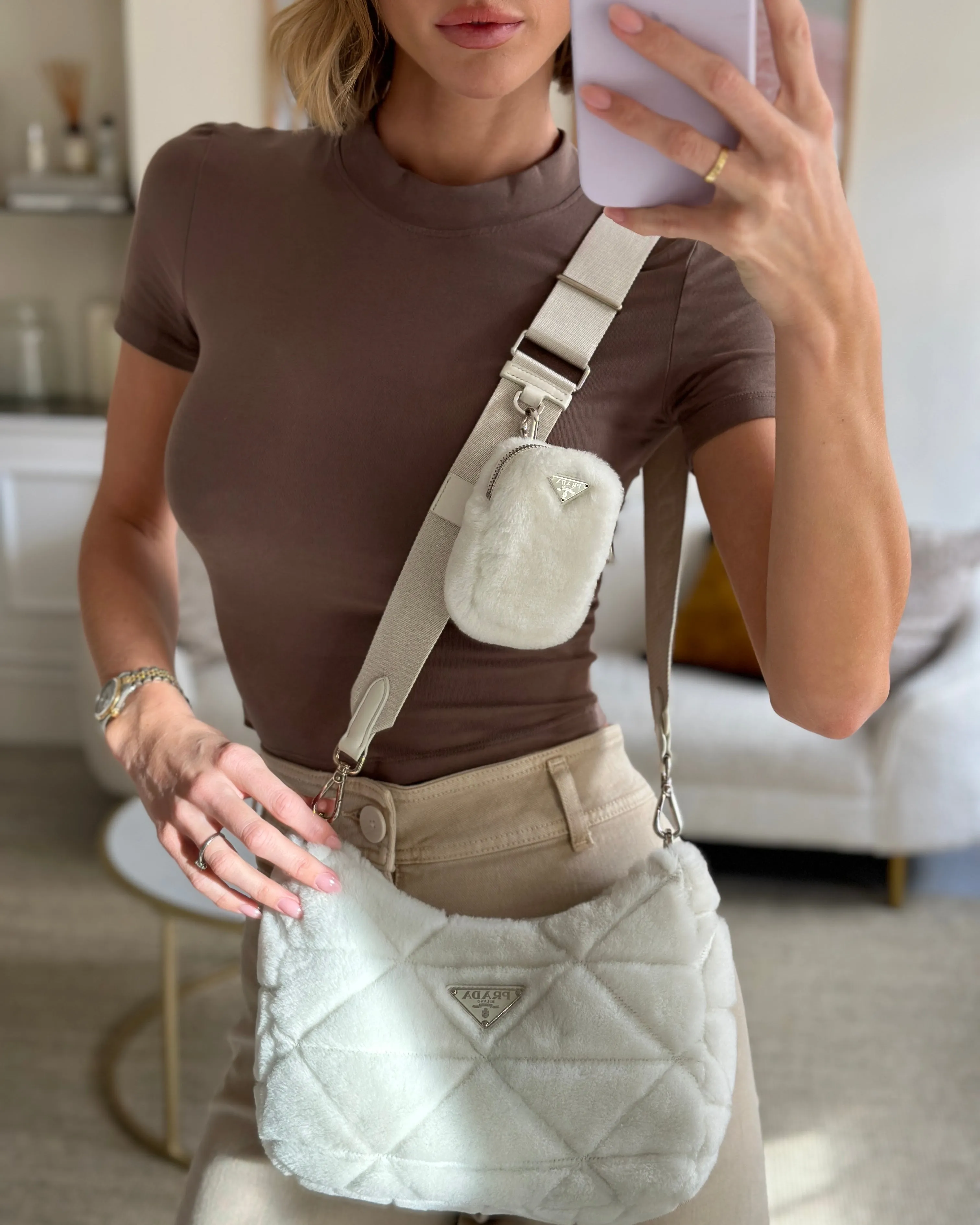 Prada Off-White Re-Edition 2000 Quilted Shearling Shoulder Bag with Silver Hardware