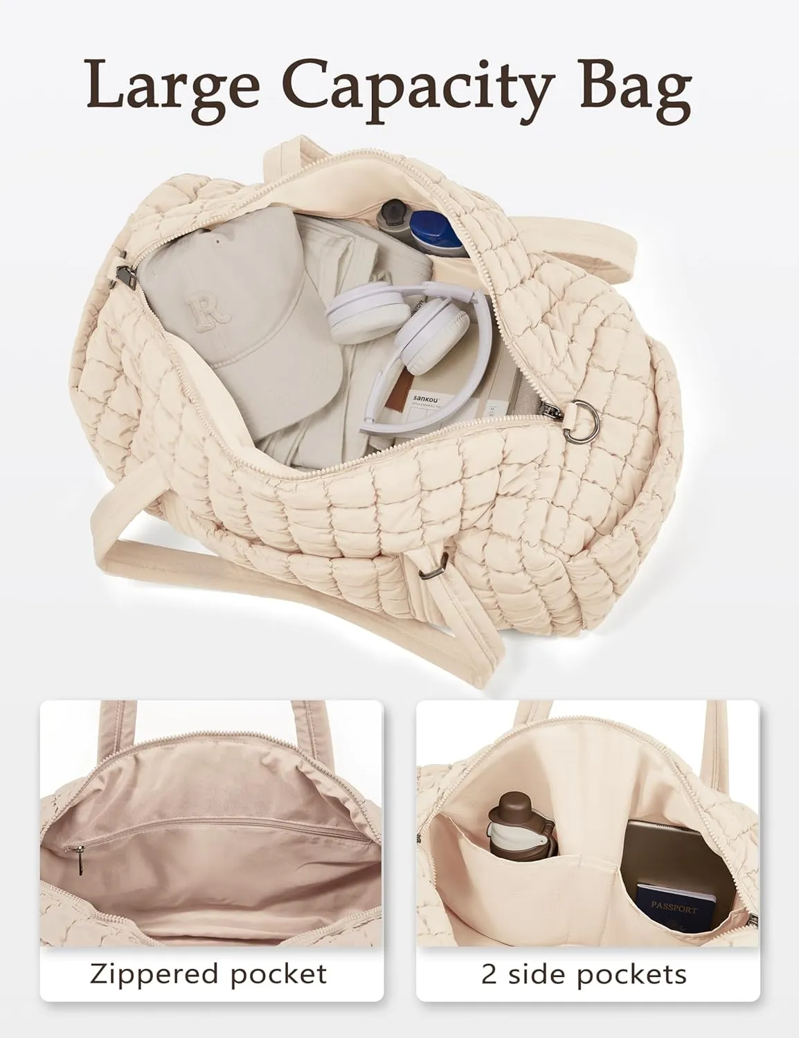 Quilted Travel Duffle Bag for Women Weekender Bag Large Puffer Overnight Bags Soft Puffy Duffel Bag Carry on Gym Bag Lightweight Personal Item Travel Bag for Trips Business Sport Airplane (Beige)