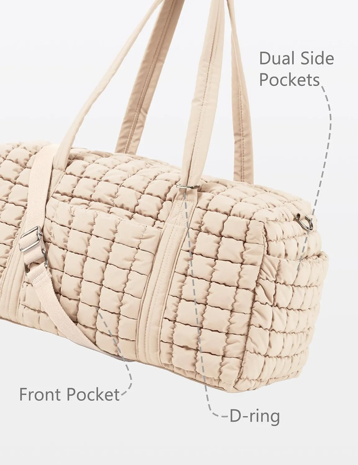 Quilted Travel Duffle Bag for Women Weekender Bag Large Puffer Overnight Bags Soft Puffy Duffel Bag Carry on Gym Bag Lightweight Personal Item Travel Bag for Trips Business Sport Airplane (Beige)