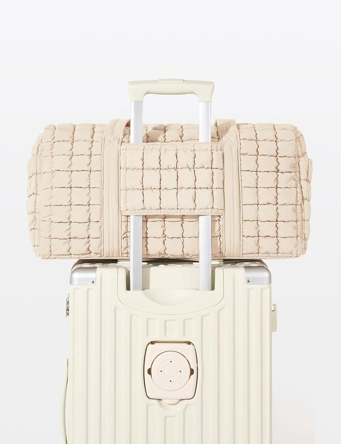 Quilted Travel Duffle Bag for Women Weekender Bag Large Puffer Overnight Bags Soft Puffy Duffel Bag Carry on Gym Bag Lightweight Personal Item Travel Bag for Trips Business Sport Airplane (Beige)