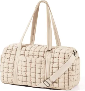 Quilted Travel Duffle Bag for Women Weekender Bag Large Puffer Overnight Bags Soft Puffy Duffel Bag Carry on Gym Bag Lightweight Personal Item Travel Bag for Trips Business Sport Airplane (Beige)
