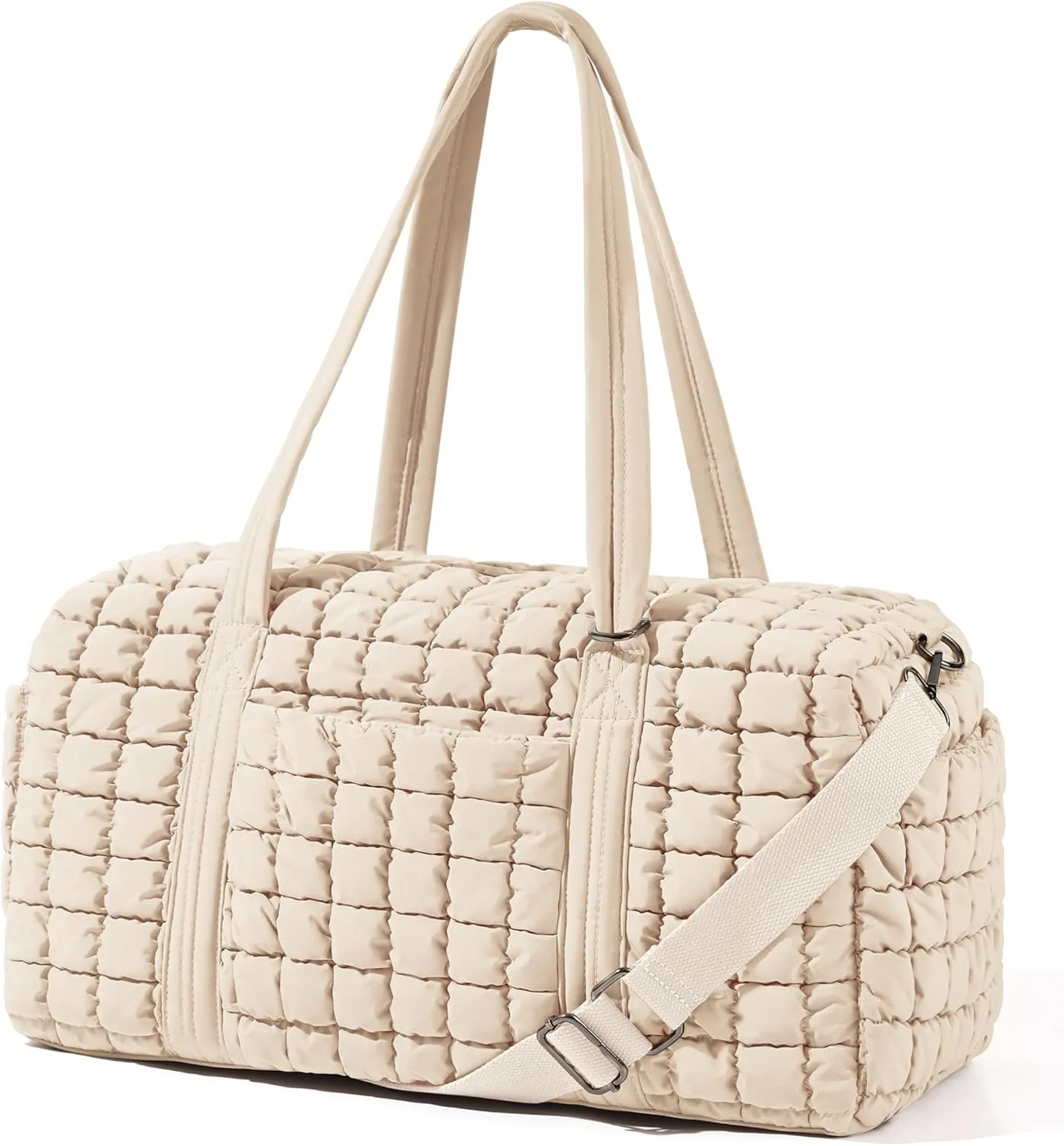 Quilted Travel Duffle Bag for Women Weekender Bag Large Puffer Overnight Bags Soft Puffy Duffel Bag Carry on Gym Bag Lightweight Personal Item Travel Bag for Trips Business Sport Airplane (Beige)