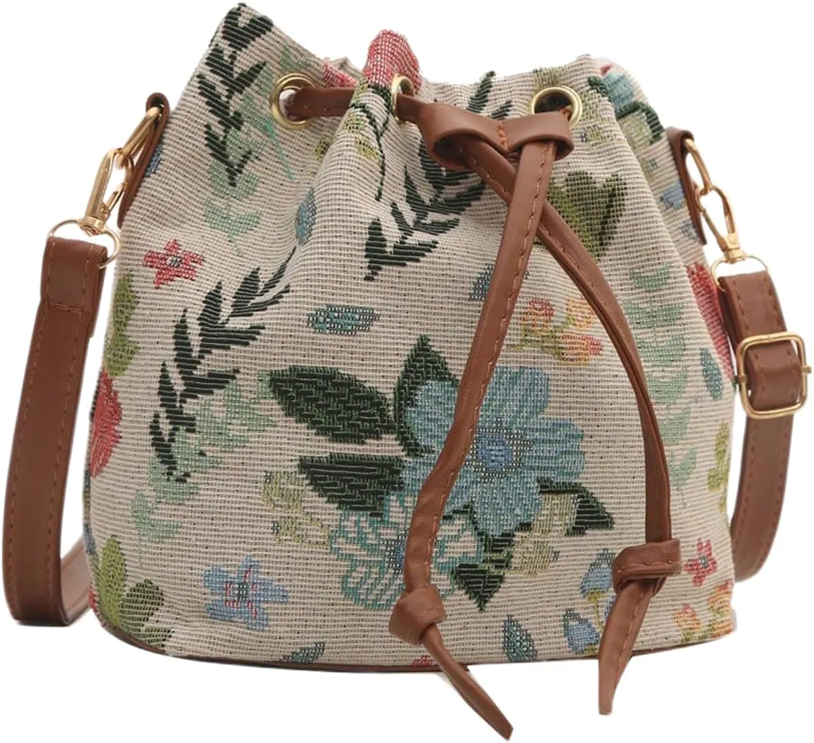 QWINEE Women's Floral Drawstring Bucket Bag Retro Vintage Small Crossbody Bag with Detachable Strap