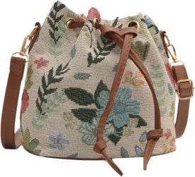QWINEE Women's Floral Drawstring Bucket Bag Retro Vintage Small Crossbody Bag with Detachable Strap