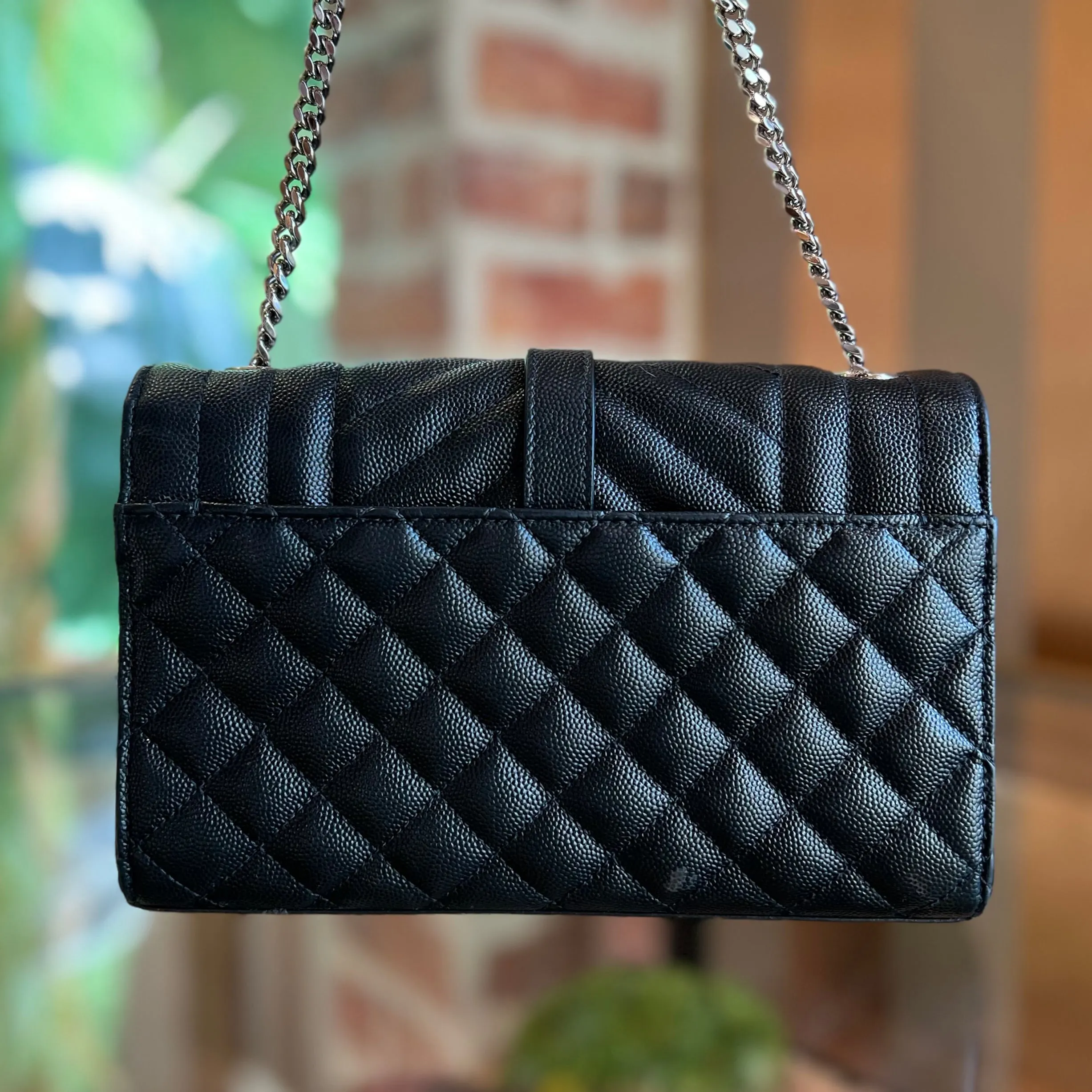 SAINT LAURENT Black Grain De Poudre Leather Mixed Matelasse Envelope Shoulder Bag