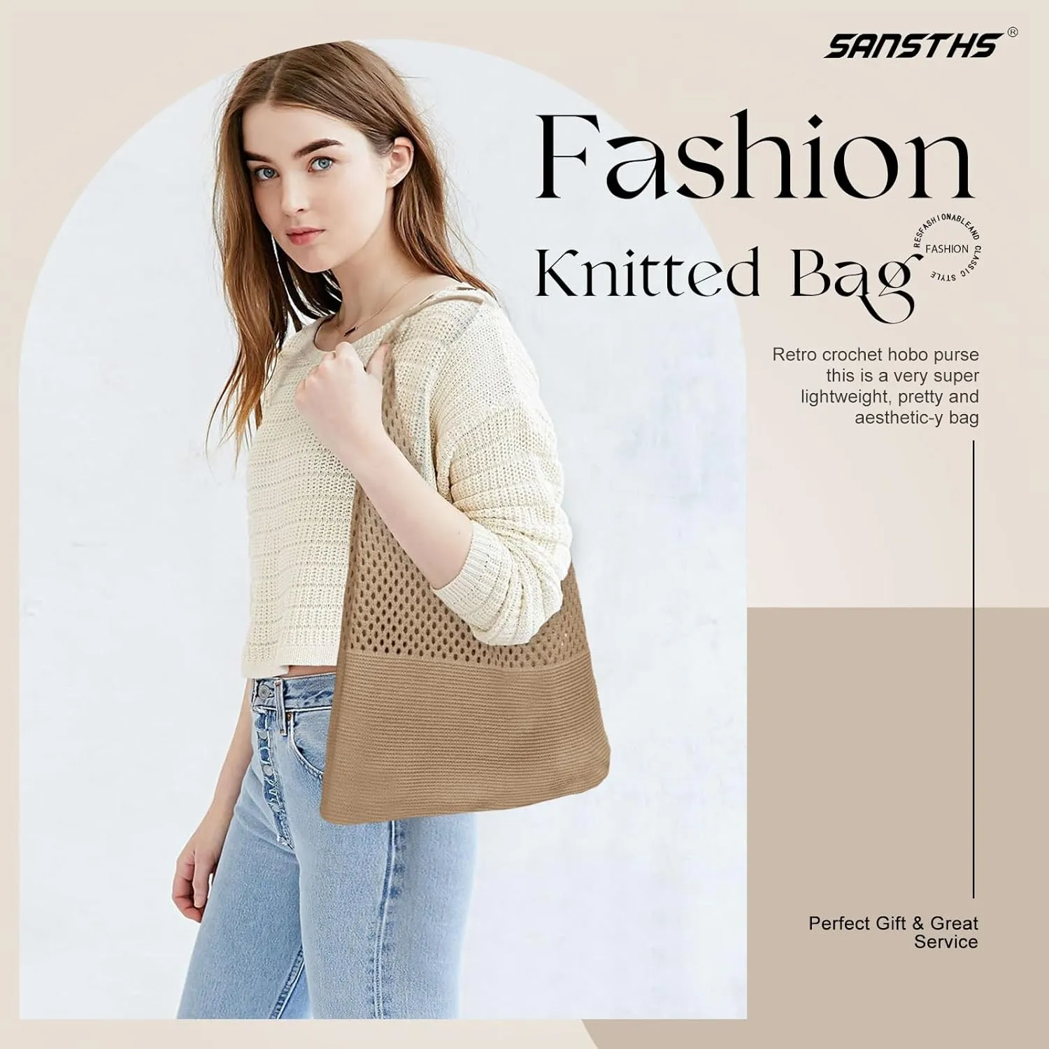 SANSTHS Crochet Mesh Beach Tote Bag Retro Hobo Knitted Bag Woven Tote Summer Shoulder Bag for Women