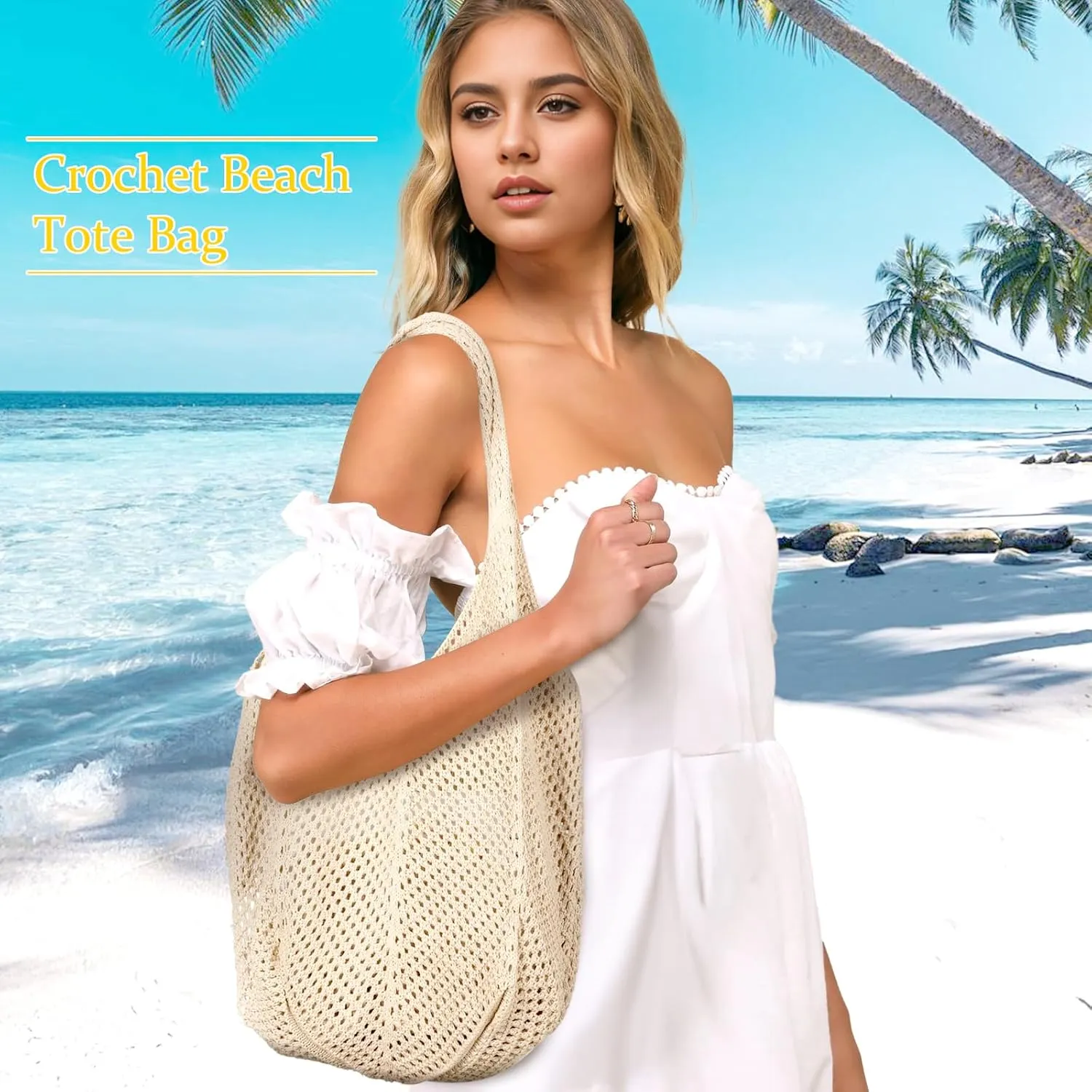 SANSTHS Crochet Mesh Beach Tote Bag Retro Hobo Knitted Bag Woven Tote Summer Shoulder Bag for Women