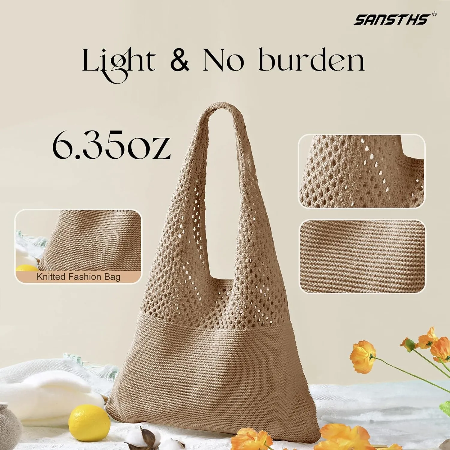 SANSTHS Crochet Mesh Beach Tote Bag Retro Hobo Knitted Bag Woven Tote Summer Shoulder Bag for Women