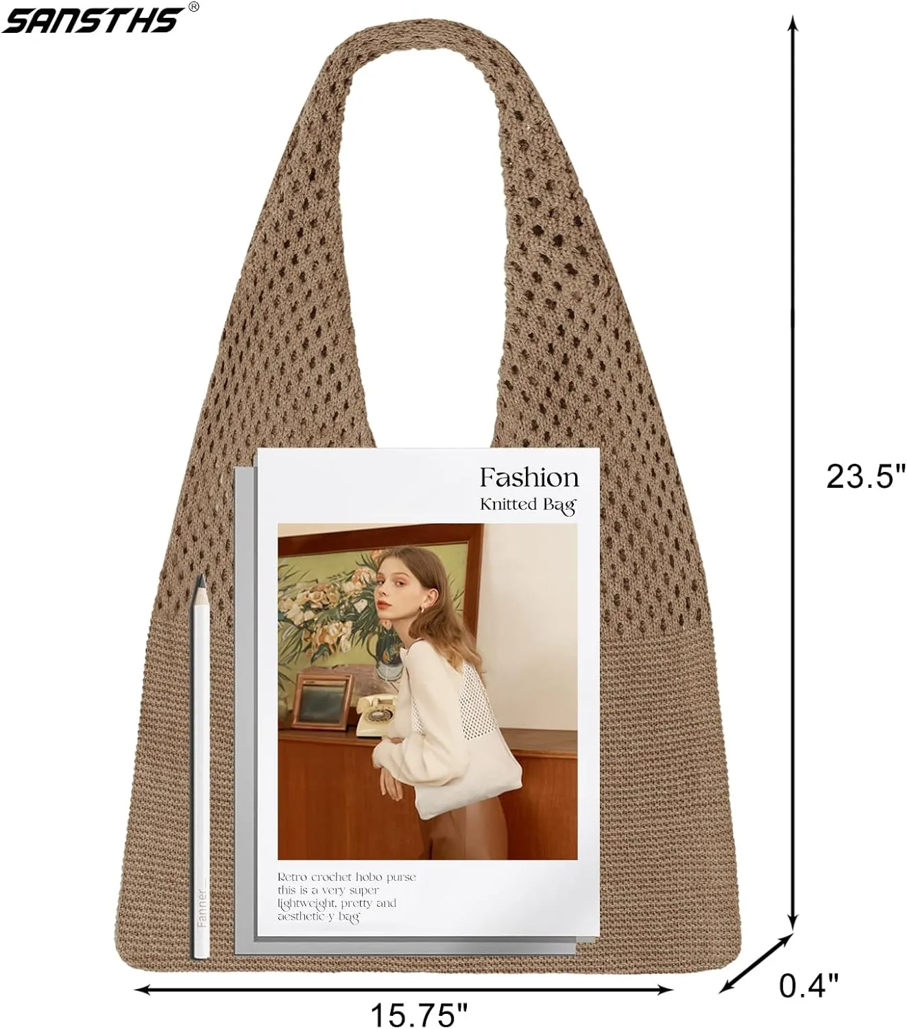 SANSTHS Crochet Mesh Beach Tote Bag Retro Hobo Knitted Bag Woven Tote Summer Shoulder Bag for Women