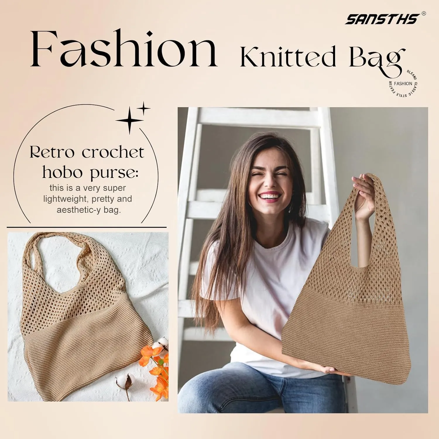 SANSTHS Crochet Mesh Beach Tote Bag Retro Hobo Knitted Bag Woven Tote Summer Shoulder Bag for Women