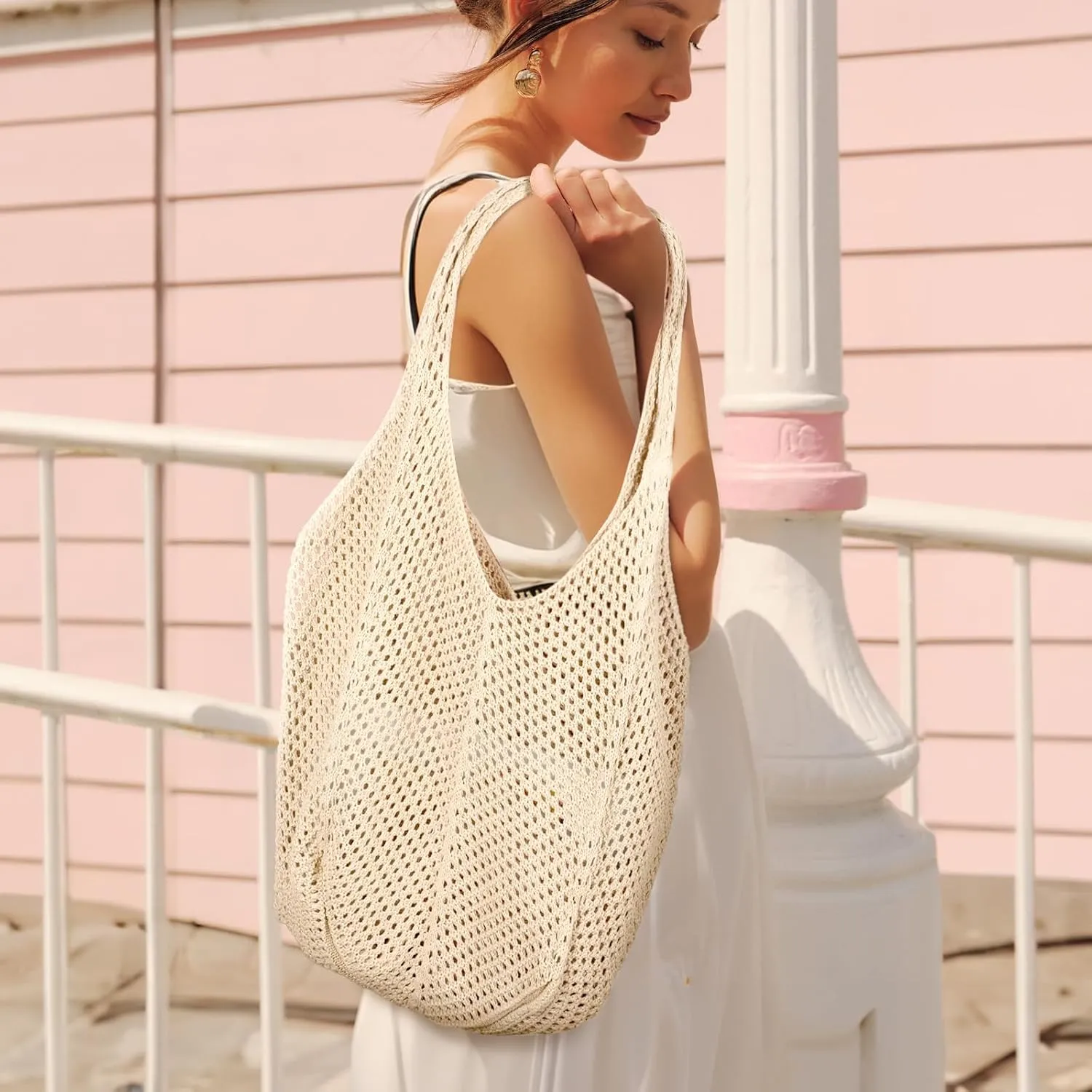 SANSTHS Crochet Mesh Beach Tote Bag Retro Hobo Knitted Bag Woven Tote Summer Shoulder Bag for Women