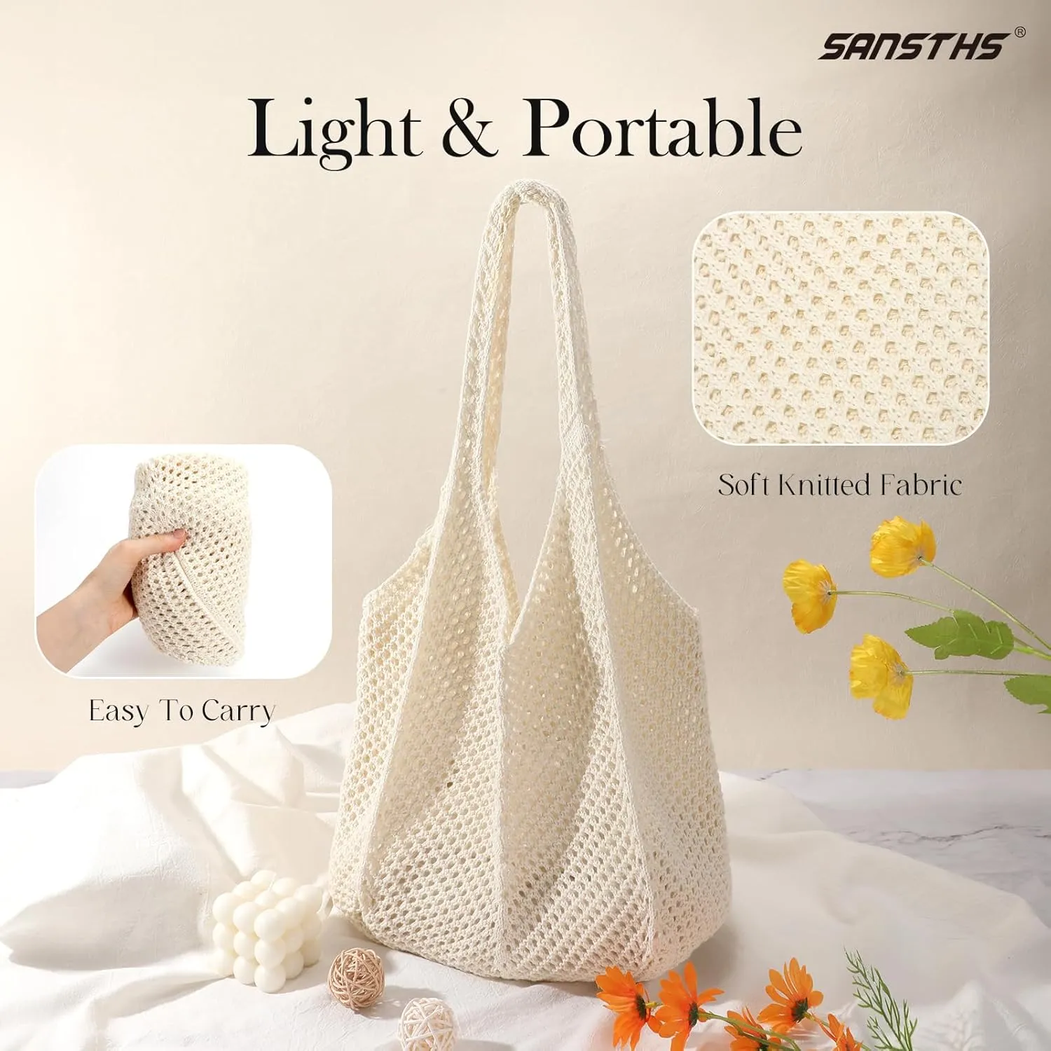 SANSTHS Crochet Mesh Beach Tote Bag Retro Hobo Knitted Bag Woven Tote Summer Shoulder Bag for Women
