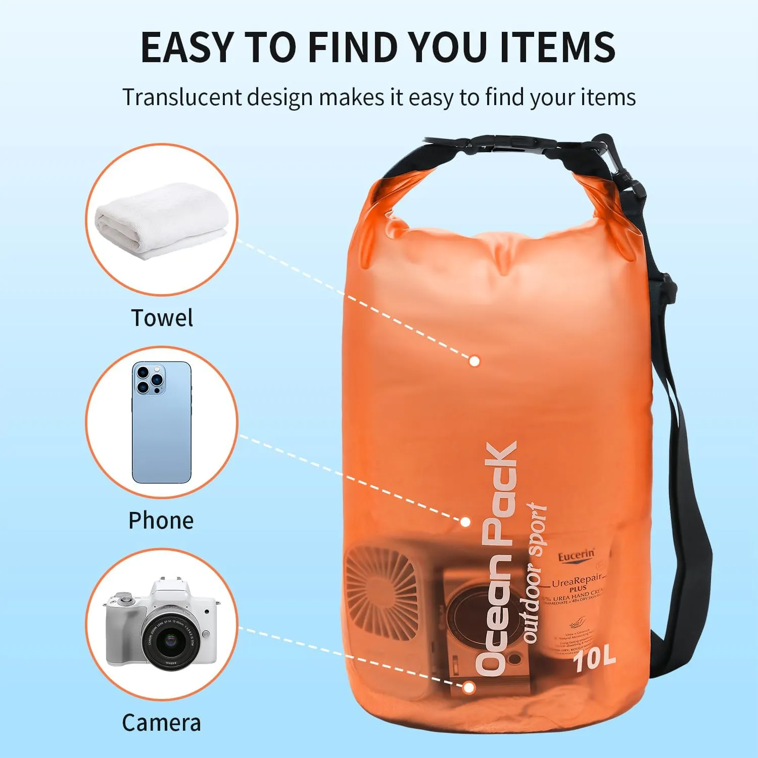Waterproof Dry Bag for Women Men,10L/15L Roll Top Lightweight Dry Storage Bag Backpack,Floating Sack with Waterproof Phone Case, Kayaking,Swimming, Camping, Hiking, Beach (Orange, 10L)