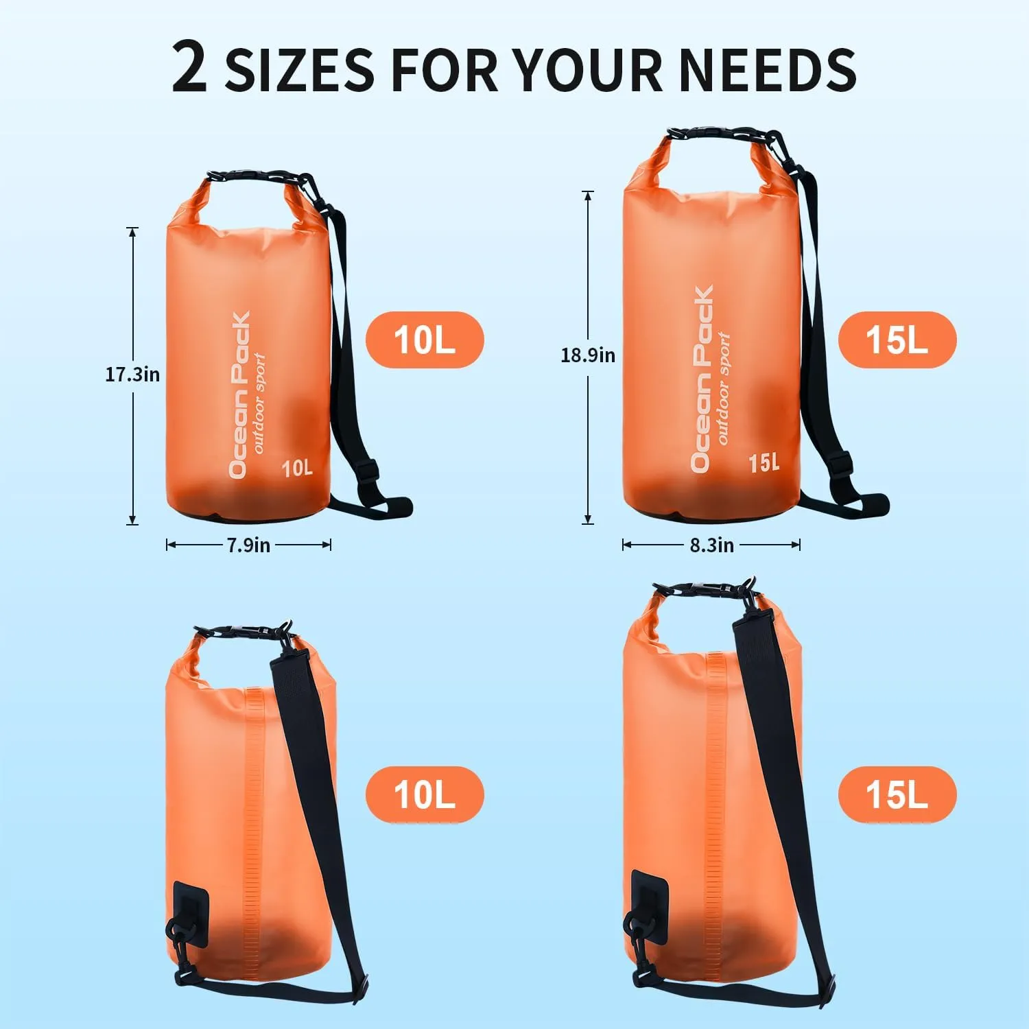 Waterproof Dry Bag for Women Men,10L/15L Roll Top Lightweight Dry Storage Bag Backpack,Floating Sack with Waterproof Phone Case, Kayaking,Swimming, Camping, Hiking, Beach (Orange, 10L)
