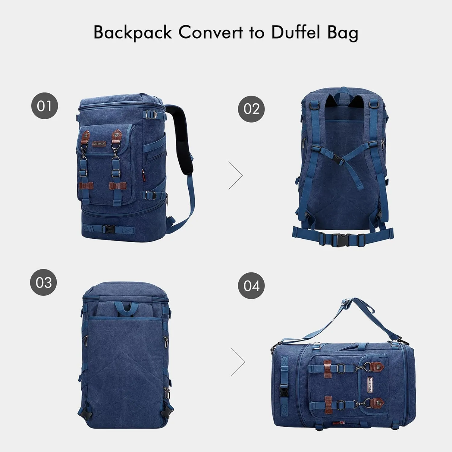 WITZMAN Travel Backpack for Men Women Canvas Backpack Carry on Luggage Rucksack Convertible Duffel Bag Large